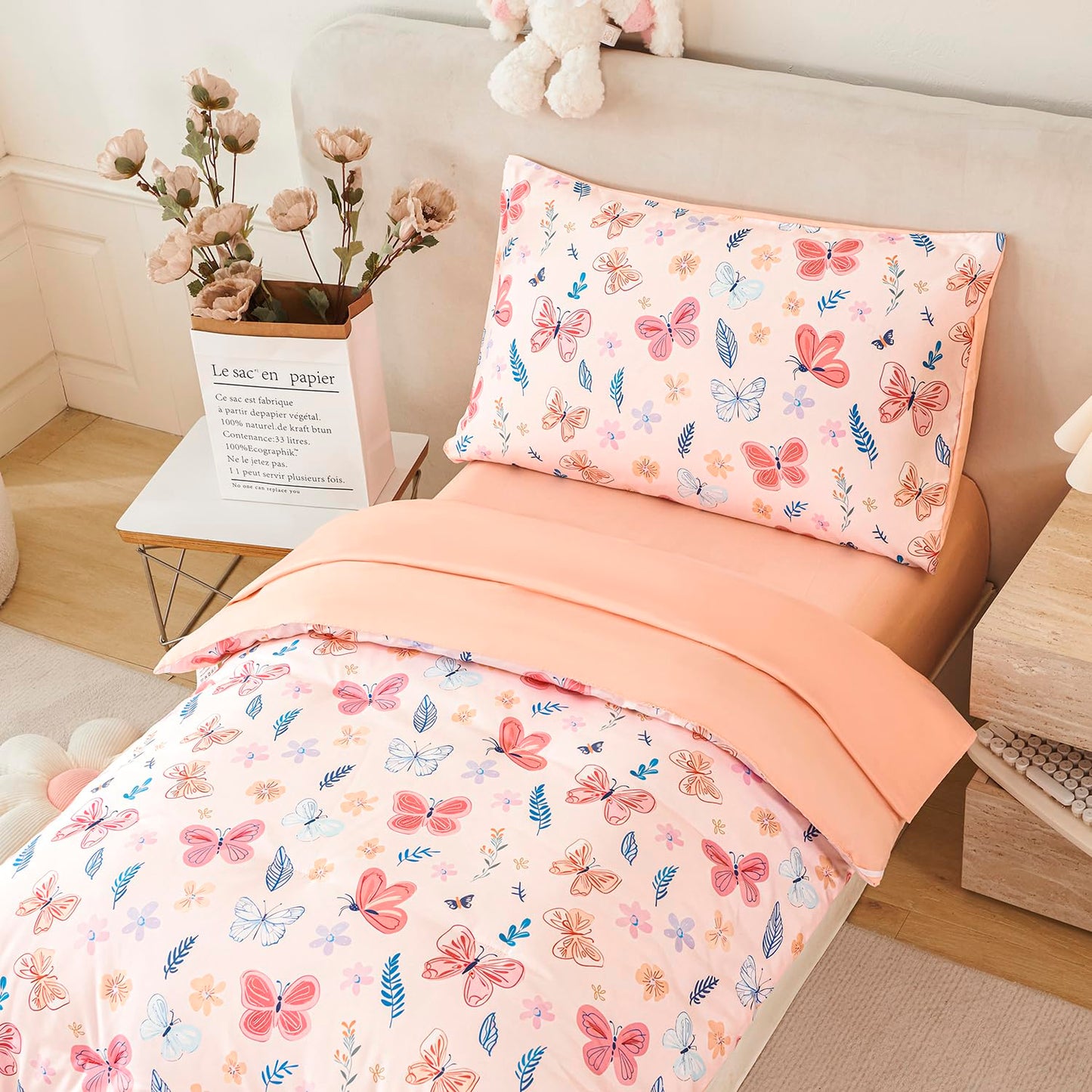 URBONUR Cute Butterfly Toddler Bedding Set for Girls, 4 Piece Bed-in-a-Bag Toddler Microfiber Comforter Sheet Set, Botanical Flowers Printed, All Season Easy Care