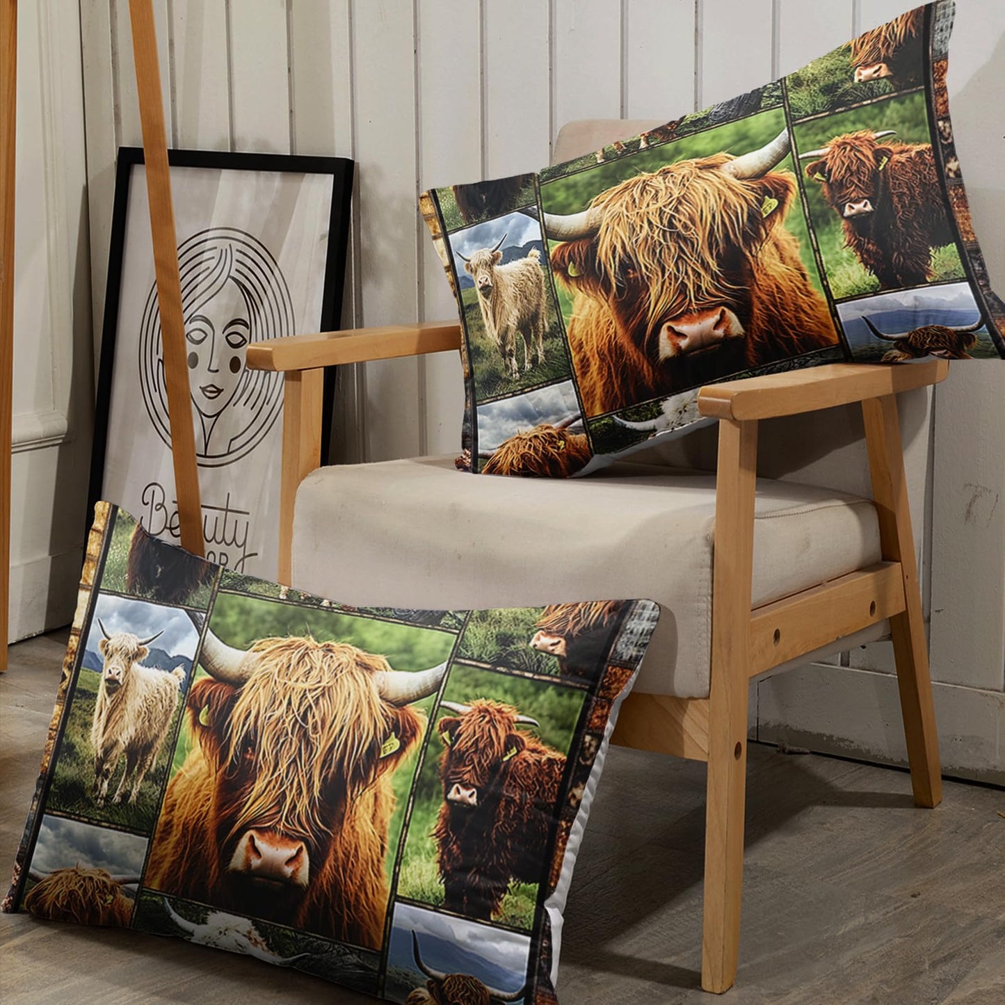 AILONEN Highland Cow Print Bedding Set Twin Size,Rustic Farmhouse Cattle Fitted Sheet with 2 Pillowcases for Kids Teens,3-Piece Farm Animal Plaid Bed Sheet Set