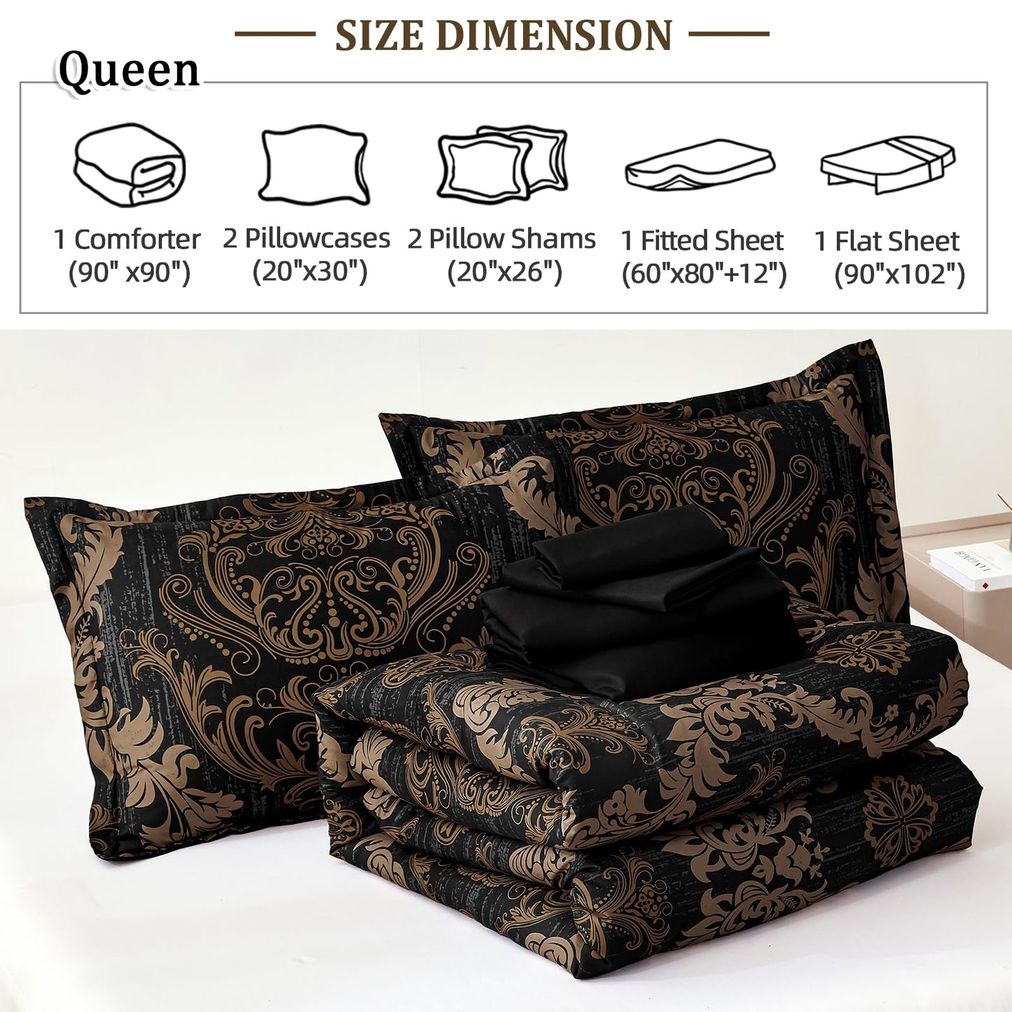 WONGS BEDDING Black Comforter Set Queen Size, Gold Damask Texture 7 Pieces Bed in a Bag Microfiber Comforter Bedding Sets -1 Comforter, 1 Flat Sheet, 1 Fitted Sheet, 2 Pillow Shams, 2 Pillowcases
