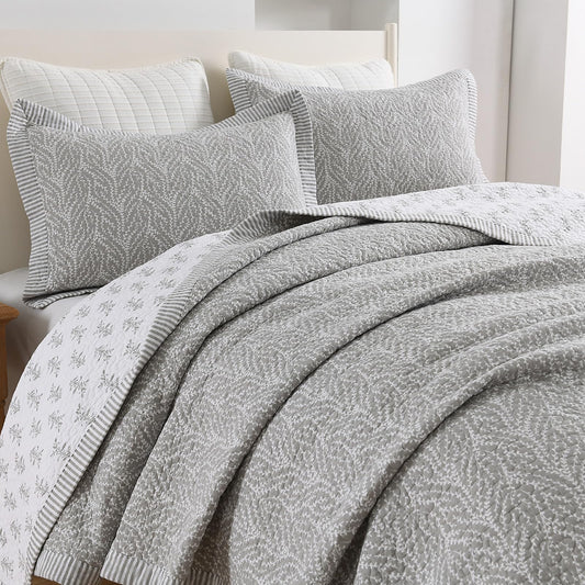 SahSahCasa Quilt Set Queen Size, 100% Cotton Quilt Bedding Set Bedspread, Botanical Pattern Solid Color Chic Lightweight Quilted Comforter for Queen Bed, White/Gray, All Season, 3 Pieces