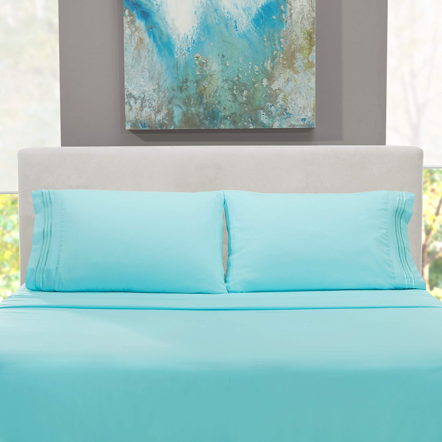 Hearth & Harbor Full Size Sheets - 4 Piece Bed Sheet Set, Hotel Luxury Double Brushed Bed Sheets - Extra Soft Bedding Sheets & Pillowcases, Full, Aqua Blue