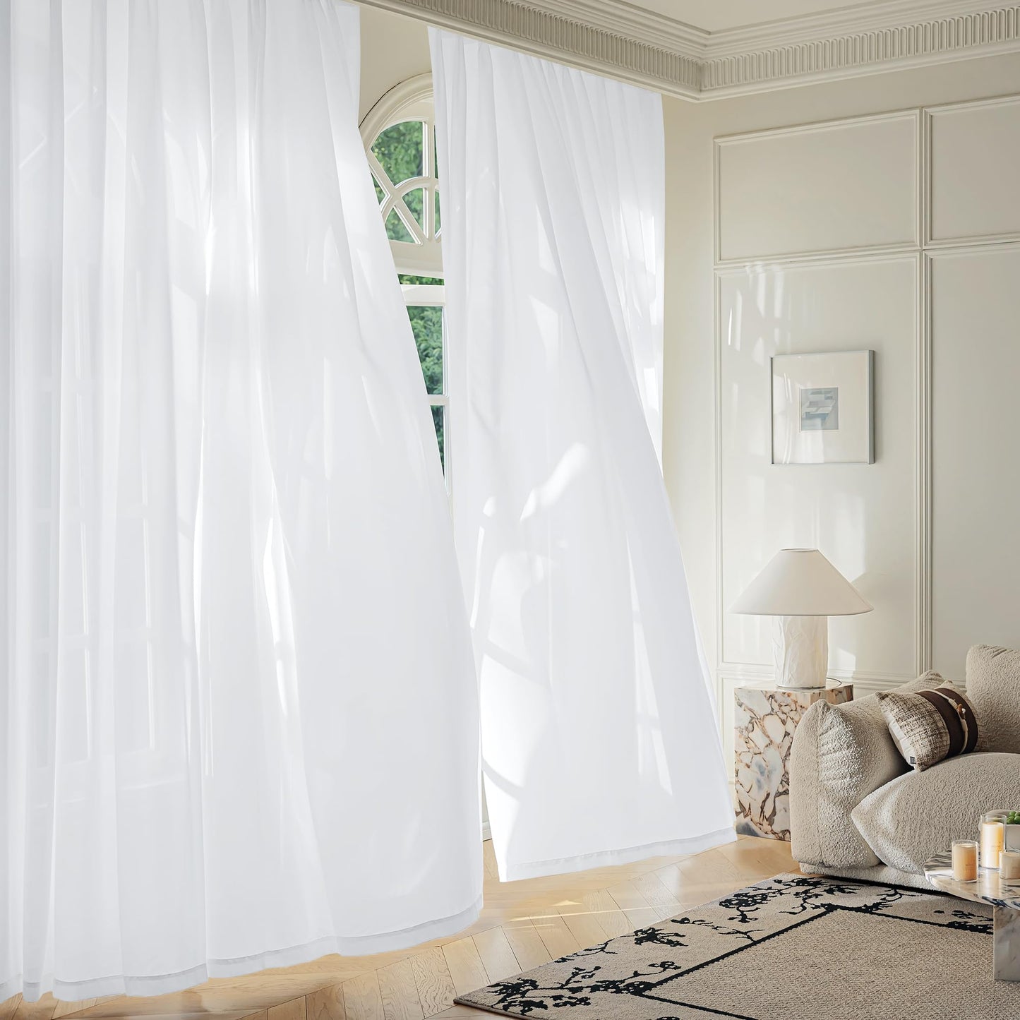 FMFUNCTEX Sheer Non-See-Through White Curtains for Bedroom, Faux Silk that Let Light Curtains 84 inches Long Light Filtering Privacy Sheer Window Drapes for Living Room, Rod Pocket 2 Panels Set