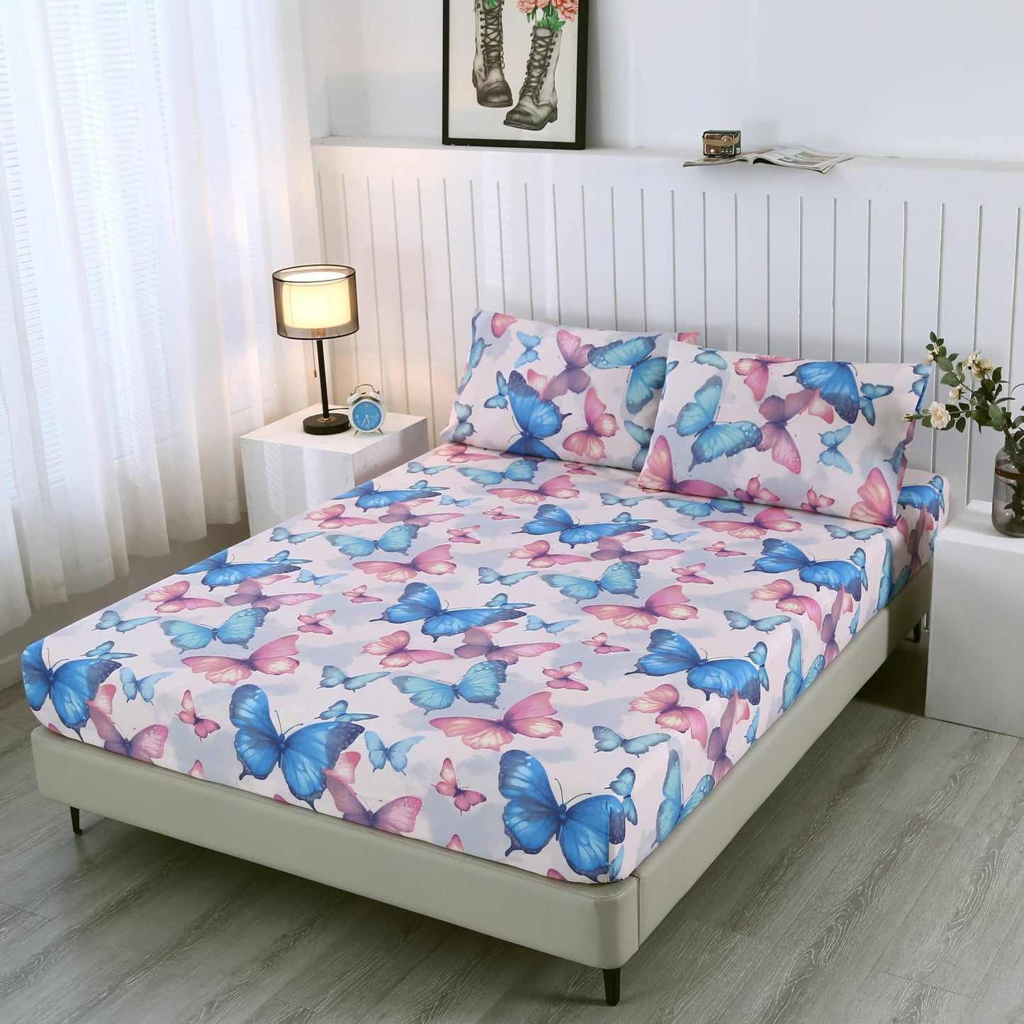 SDIII Colorful Butterfly Full Fitted Sheet with 2 Pillowcases, Deep Pocket Soft Microfiber Butterfly Bed Sheet Full Size for Kids