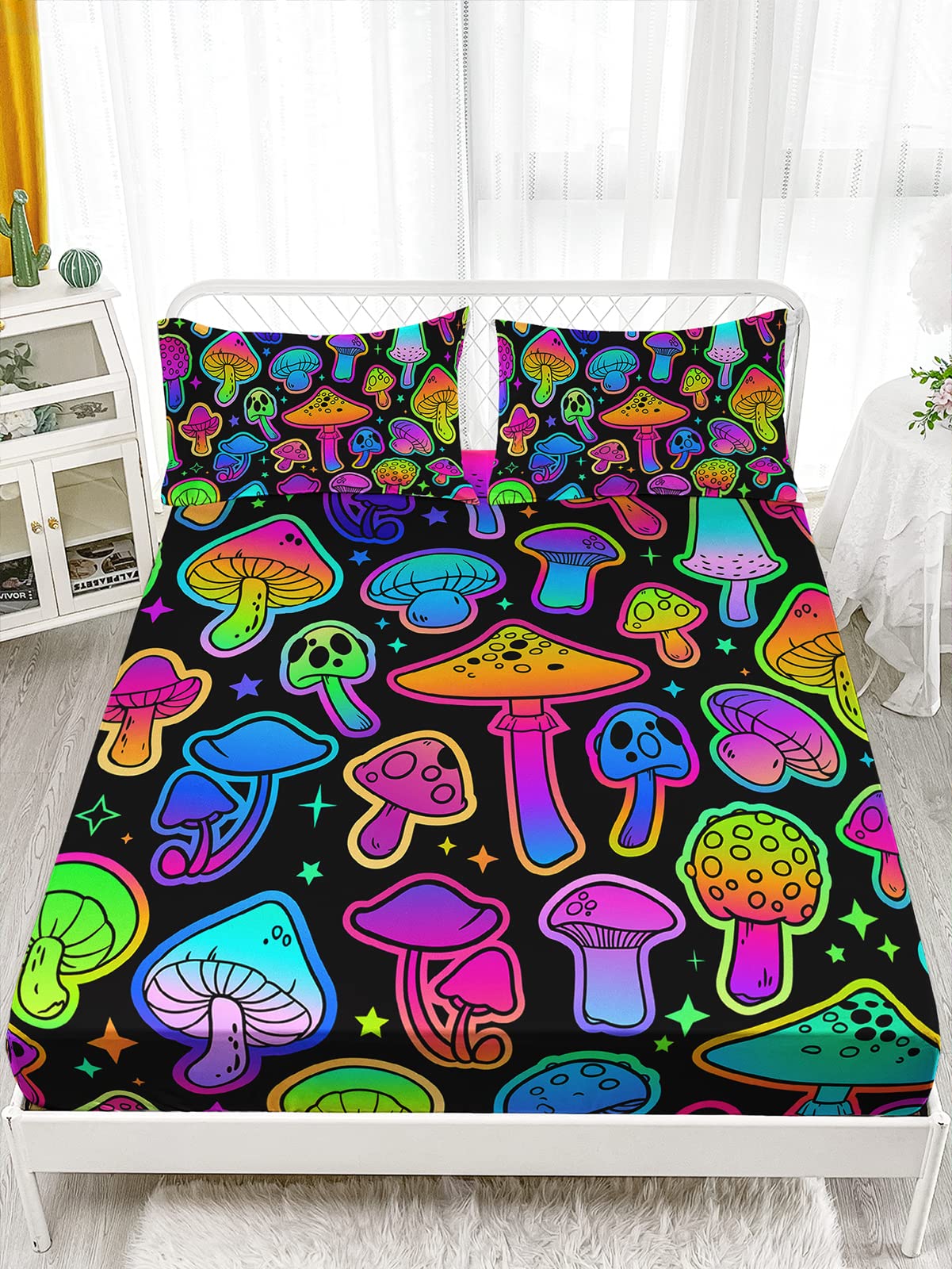Axolotl Mushroom Sheet Set Kids Bedding Twin,4Pcs Colorful Soft Gradient Mushroom Bedding Set with 1 Fitted Sheet 1 Flat Sheet 2 Pillowcases,Cute Bed Sets for Kids Boys Girls Teens Adults,Black Neon