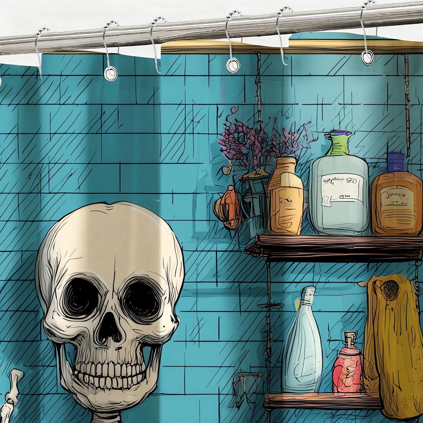 mutakin Funny Gothic Skull Shower Curtain Spooky Skull in Bathtub Shower Curtains for Bathroom Waterproof Fabric Bath Curtain Decor with Hooks