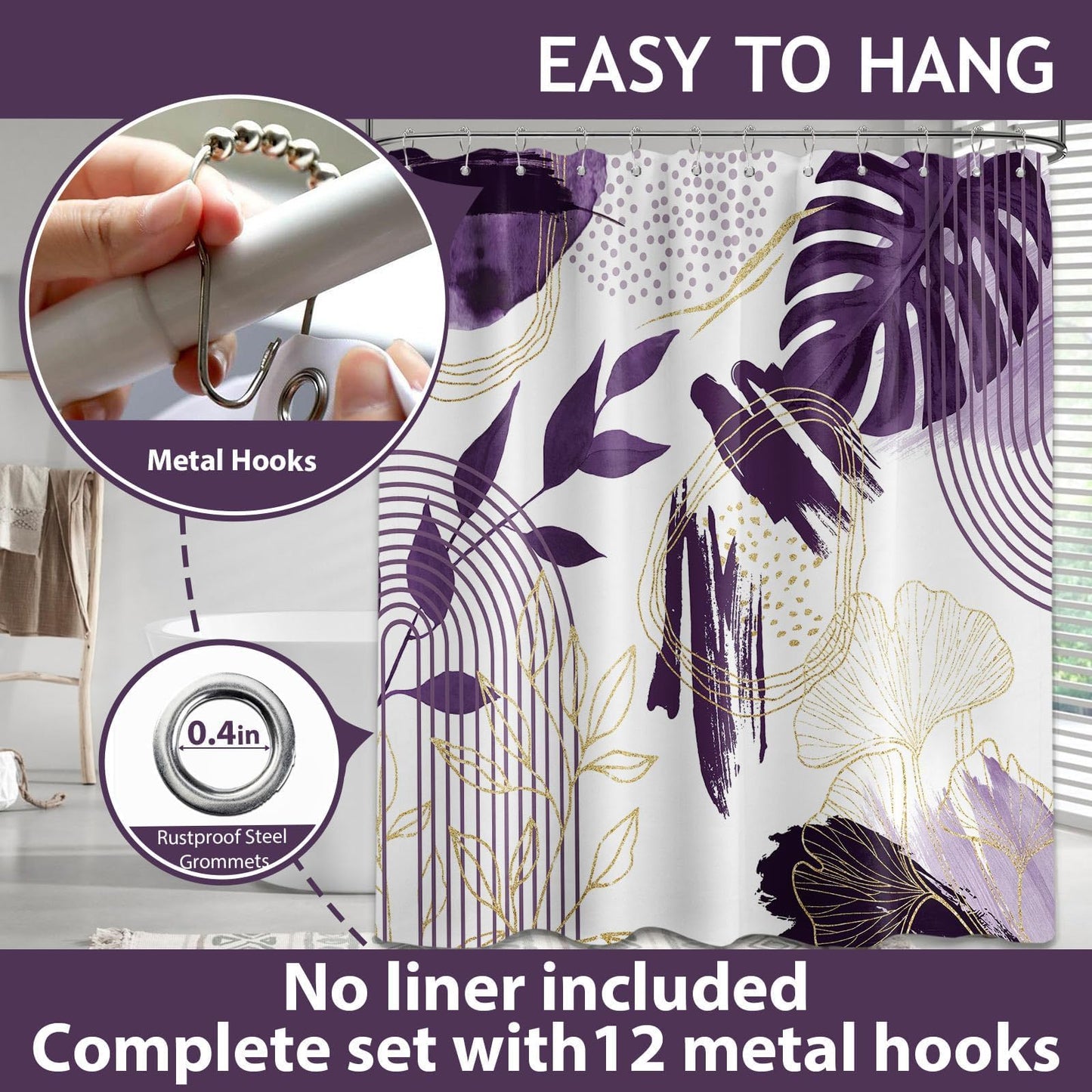 soeeao Dark Purple Shower Curtain Plum Purple and White Mid Century Modern Shower Curtains for Bathroom Decor, Waterproof Cloth Fabric with Hooks, 70" W x 72" L