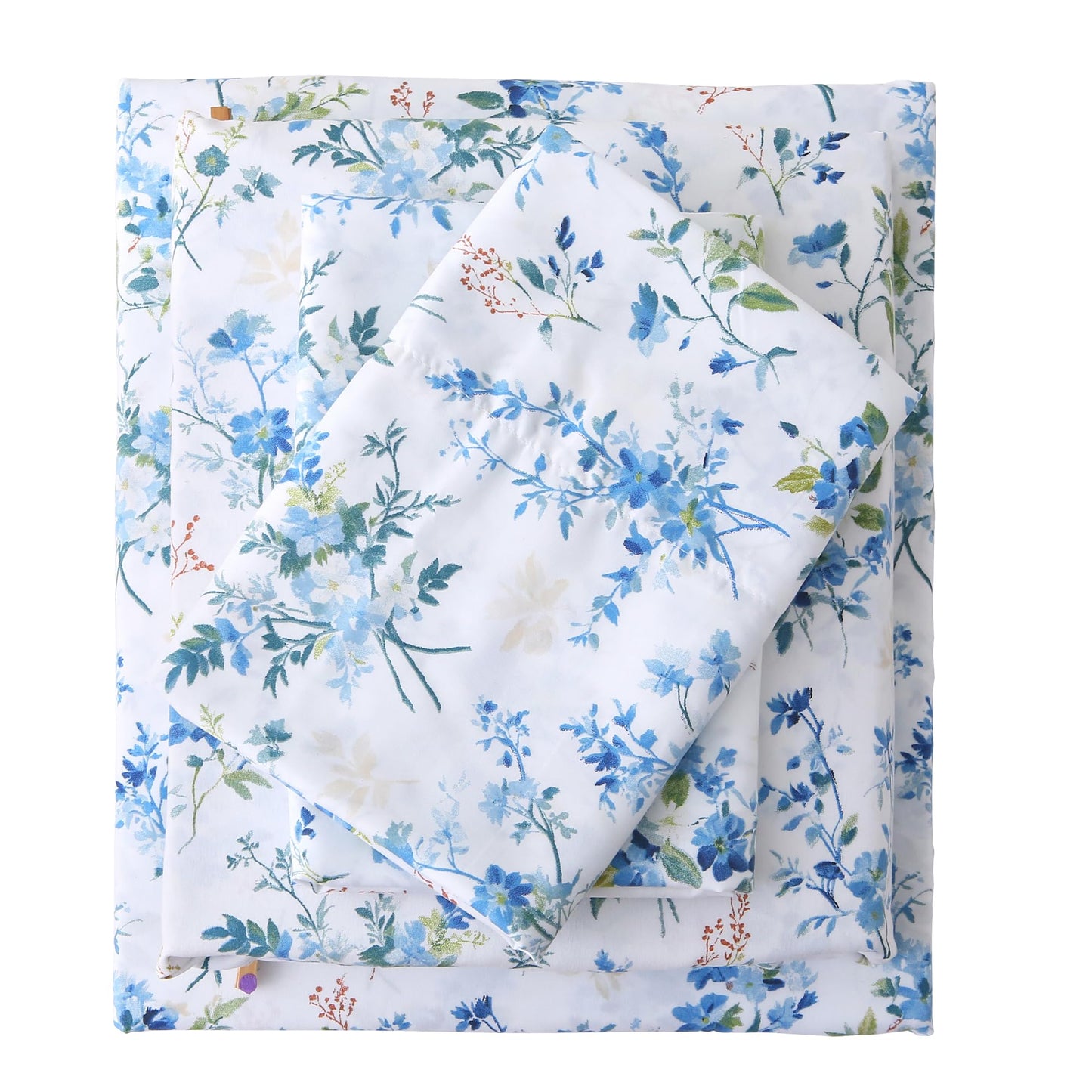 Mooreeke Cozy Vintage Microfiber Printed Full Sheet Set - Soft & Breathable Percale Blue Green Floral Bed Sheets with Extra Deep Pocket - Non-Slip Fitted Design - Blue Green Flower Pattern
