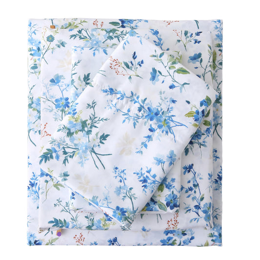 Mooreeke Cozy Vintage Microfiber Printed Full Sheet Set - Soft & Breathable Percale Blue Green Floral Bed Sheets with Extra Deep Pocket - Non-Slip Fitted Design - Blue Green Flower Pattern