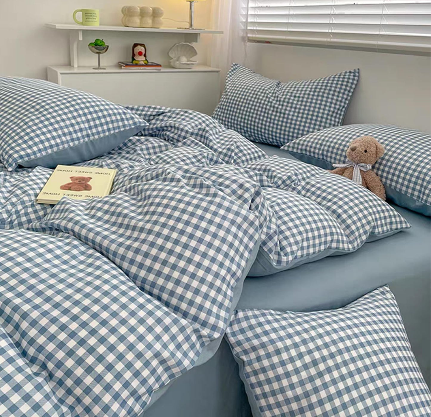 Sedefen Gingham Duvet Cover Queen Size Blue Striped Bedding Set 3Pcs Kids Boys Girls Geometric Stripes Grid Lattice Soft Breathable Microfiber Comforter Cover with 2 Pillowcases