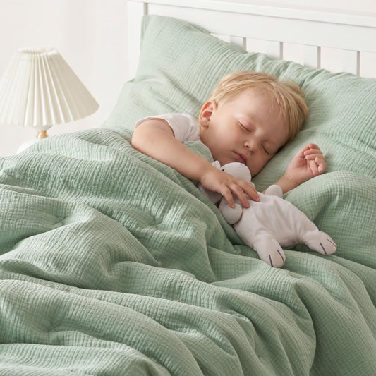 PHF Cotton Muslin Toddler Bedding Set, Soft 3 Piece Toddler Comforter Kids Bed Set, Green Bedding Set for Boys