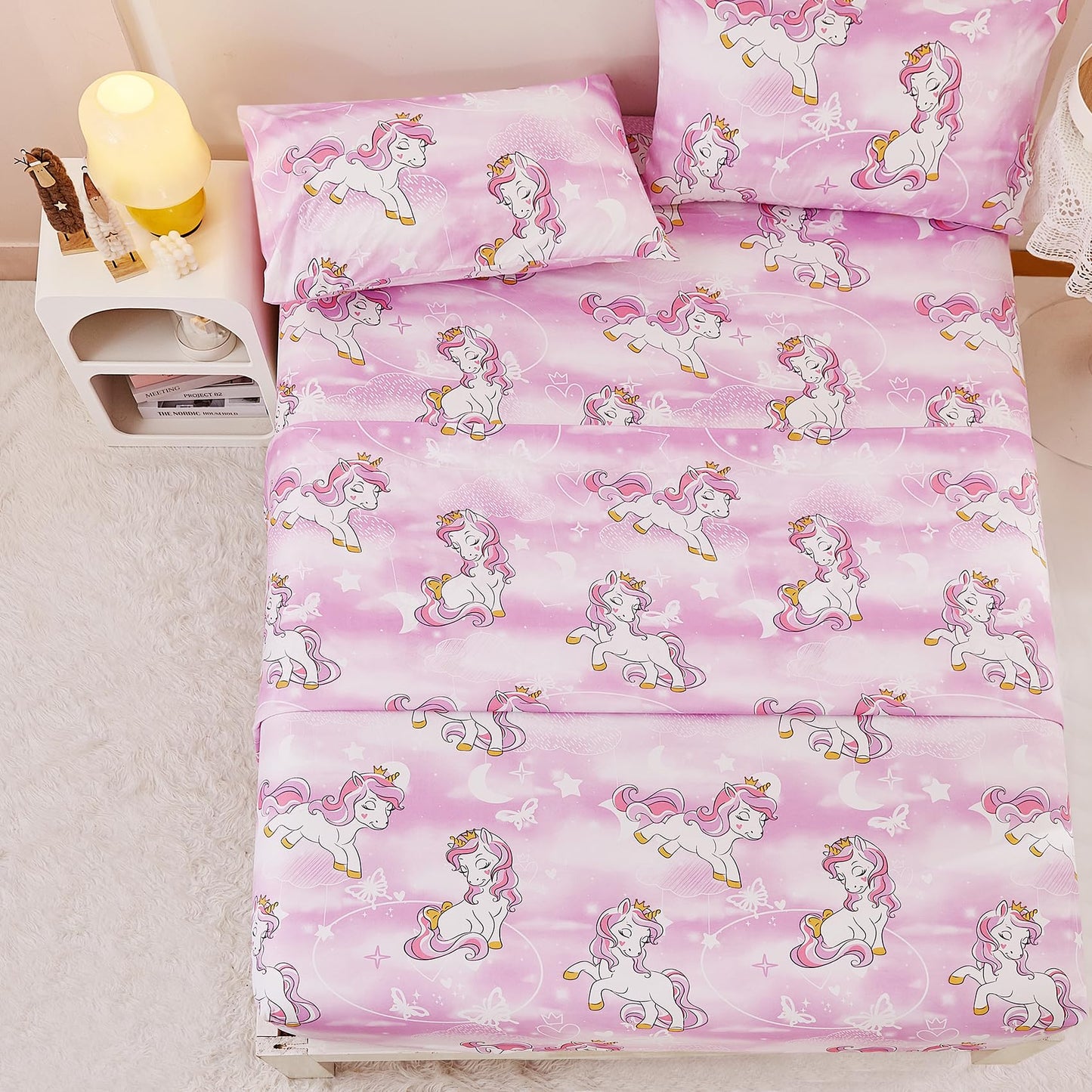 Yibeizi Unicorn Full Size Sheet Set for Girls, Kids Cute Princess Printed Bedsheet Microfiber Deep Pocket Bedding Sheets & Pillowcases 4 Pieces