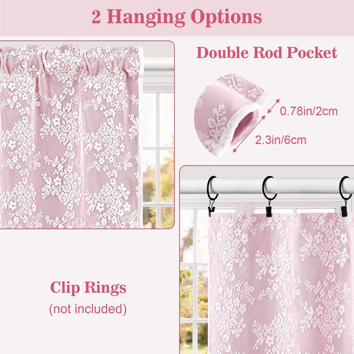 Yinhua Pink Kitchen Curtains 36 Inch Length Double Layer Blackout Cafe Curtains with Floral Sheer Overlay Rod Pocket Short Curtain for Windows, Small Window Curtain for Bathroom, Living Room, 2 Panels