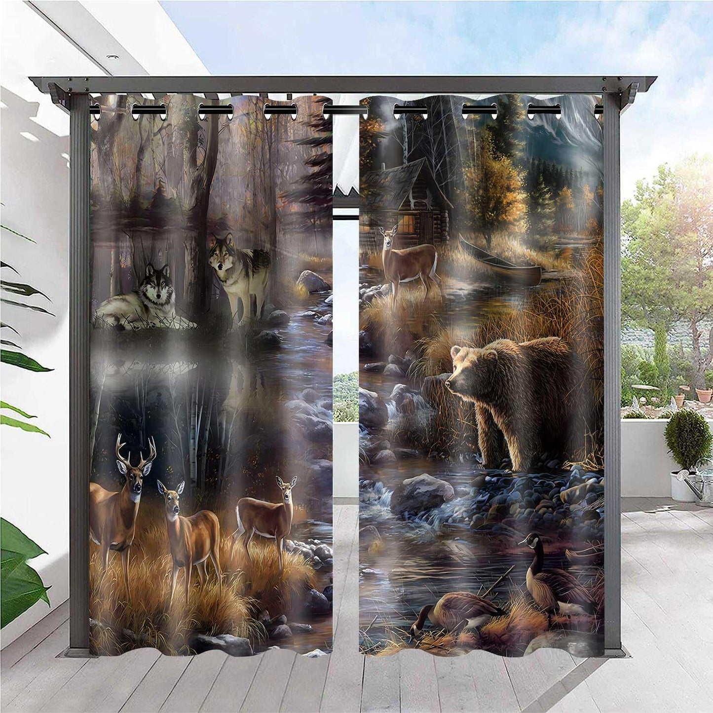 MIZSYE Rustic Lodge Curtains Wildlife Wolf Bear Elk Duck Country Style Blackout Curtain Forest River Nature Landscape Zoo Window Treatments for Bedroom Living Room 2 Panel 52x84inch CLDWMS0281