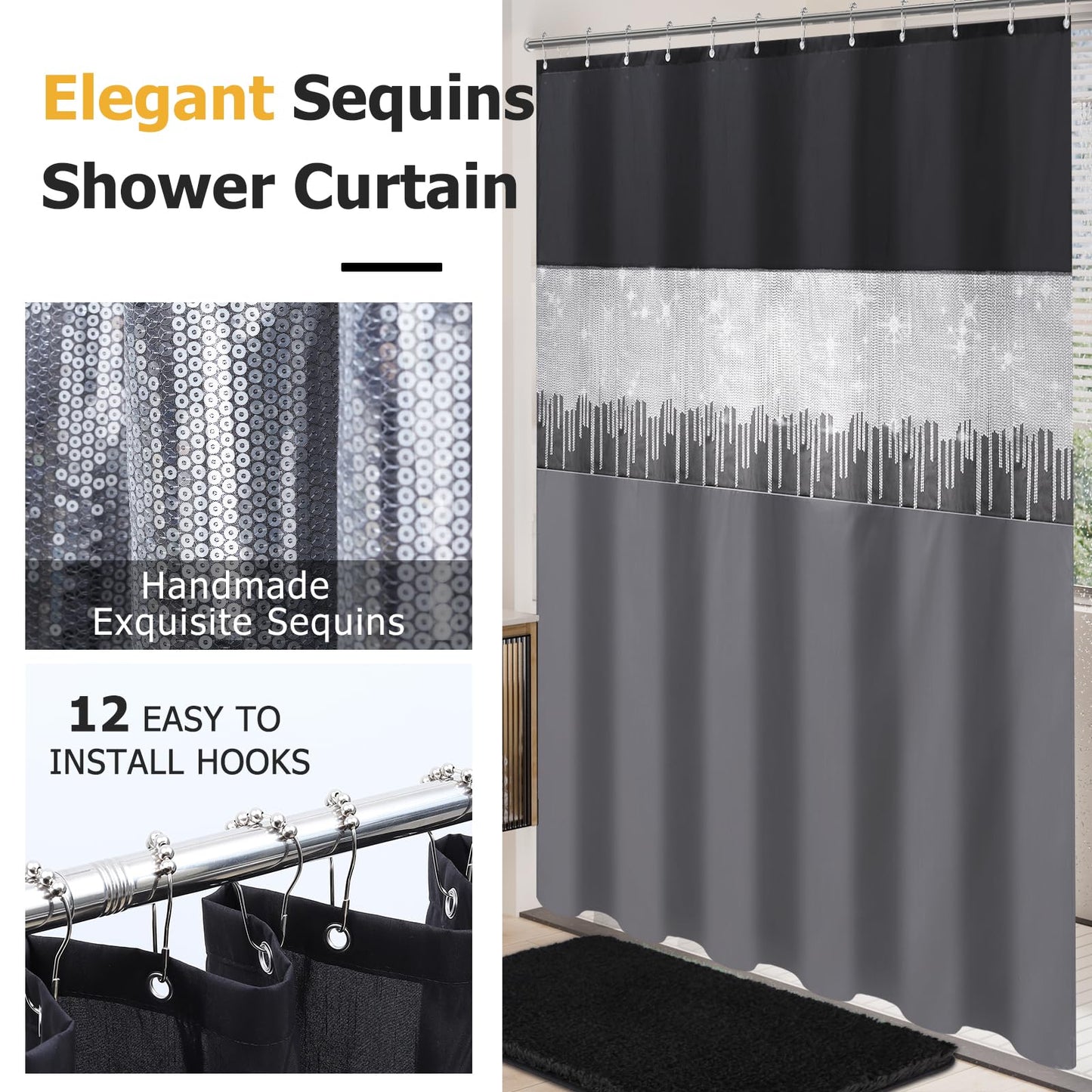 XLHOMO Shower Curtain Set Black Bathroom Sets with Shower Curtain and Rugs Glitter Waterproof Shower Curtain with Non-Slip Bathroom Rugs for Hotel Shower Bathroom Decor