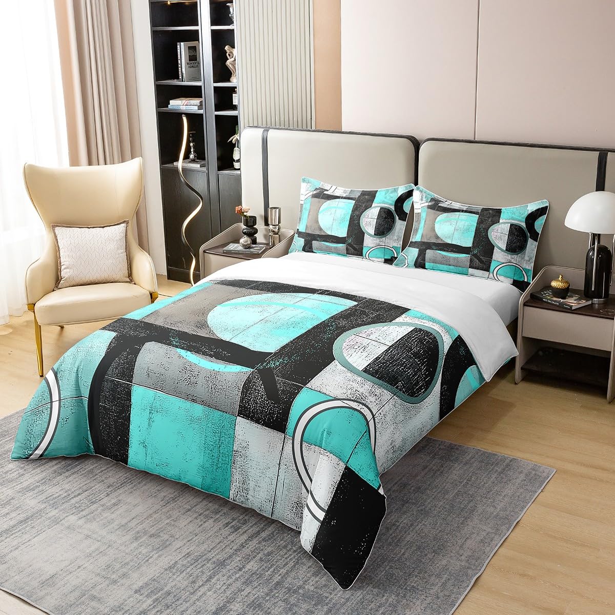 jejeloiu Shallow Green Circle Duvet Cover 100% Cotton King Size Kids Abstract Geometric Comforter Cover for Boys Girls Teens Stripe Line Bedding Set Breathable Soft Room Decor