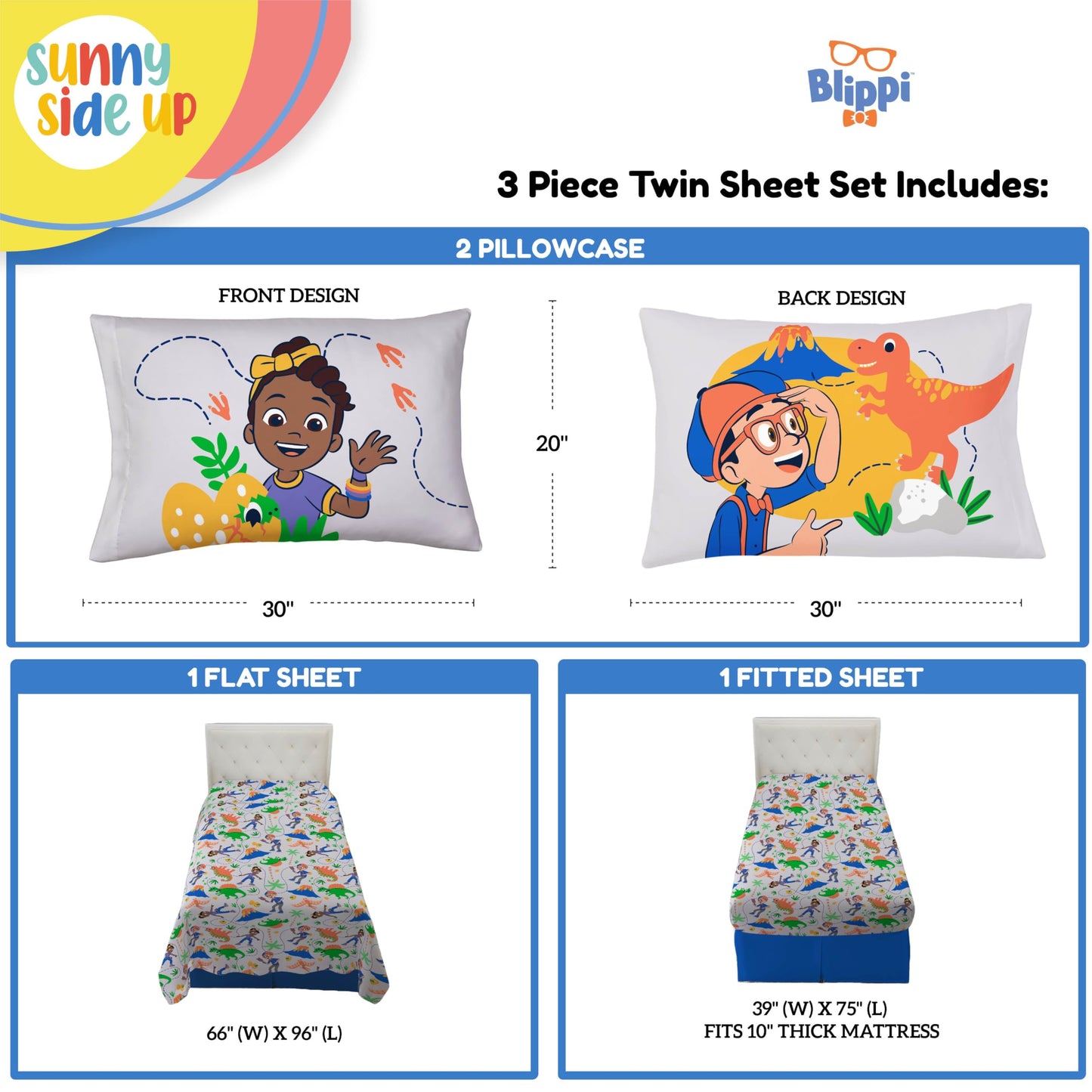 Sunny Side Up Kids Sheet Set Includes Sheets and Pillow Cover - 100% Microfiber Bedding and Room Decor, Gray - Blippi, 3 Piece Twin