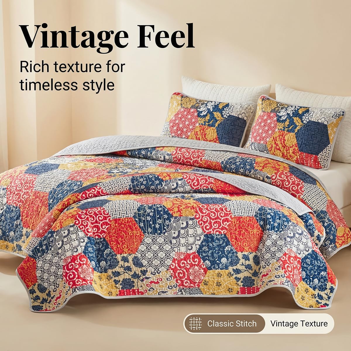 Andreannie Boho Quilt Set King Size, Reversible Floral Geometric Honeycomb Pattern Bedspread, Soft Lightweight Microfiber Bedding Coverlet, All Season Bohemian Quilt with 2 Pillow Shams, 3 Pieces