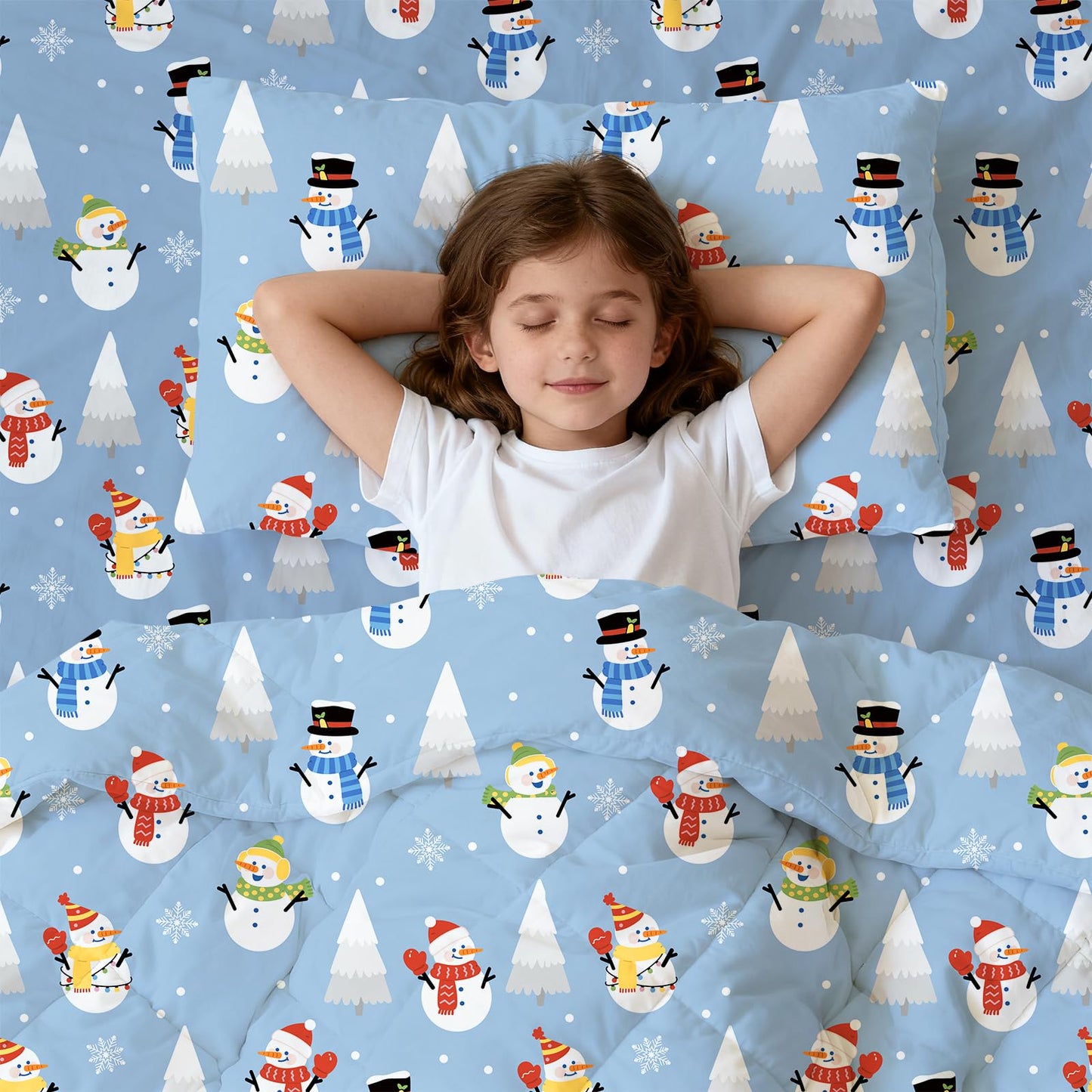 LONAVA Winter Toddler Kids Comforter Set - 4 Pieces Toddler Bedding Sets for Boys Girls Children, Ultra Soft Microfiber Bed in A Bag with Flat Fitted Sheets, Snowman