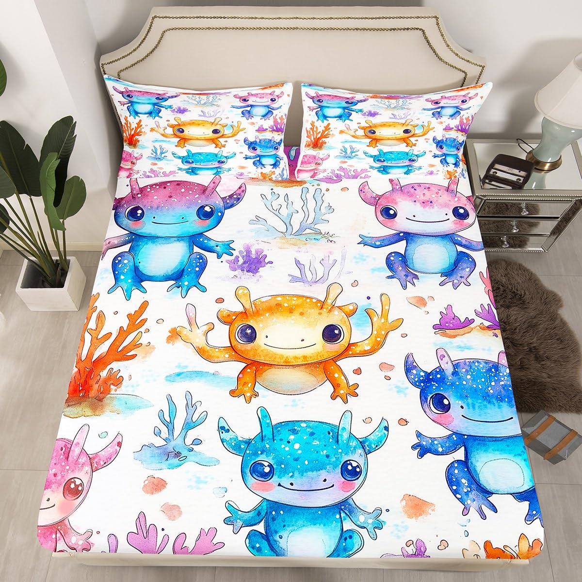 Erosebridal Cartoon Axolotl Bed Sheets for Kids Boys Girls Toddlers,Kawaii Axolotl Sheet Set,Coastal Ocean Sealife Fitted Sheet + Top Sheet + 2 Pillowcases,Full,Purple