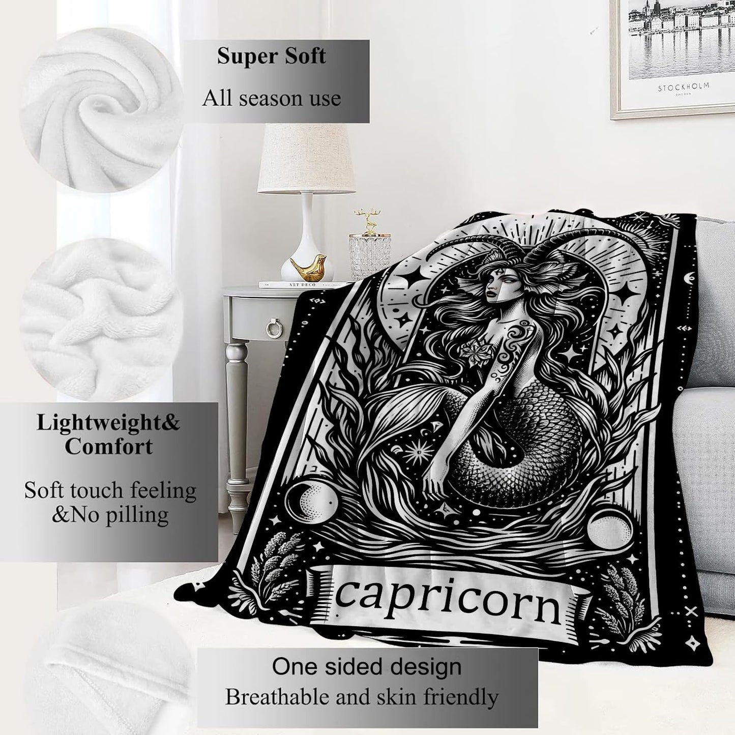 VODRM Capricorn Zodiac Blanket Astrology Throw Blankets,Birthday Gifts for Kids Adult & Wildlife Lovers,Lightweight Soft Fleece,for Sofa Couch Bed Room Mystical Artistic Decor 50x60in