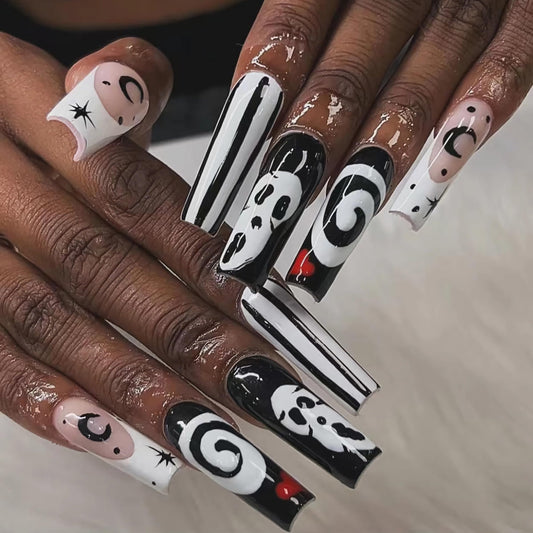 BABALAL Punk Press on False Nails Long Square Fake Nails Black Goth Glue on Ghost Moon Swirl Design Halloween Custom Supplies Art 24Pcs XL Glossy Manicure Acrylic False Nails