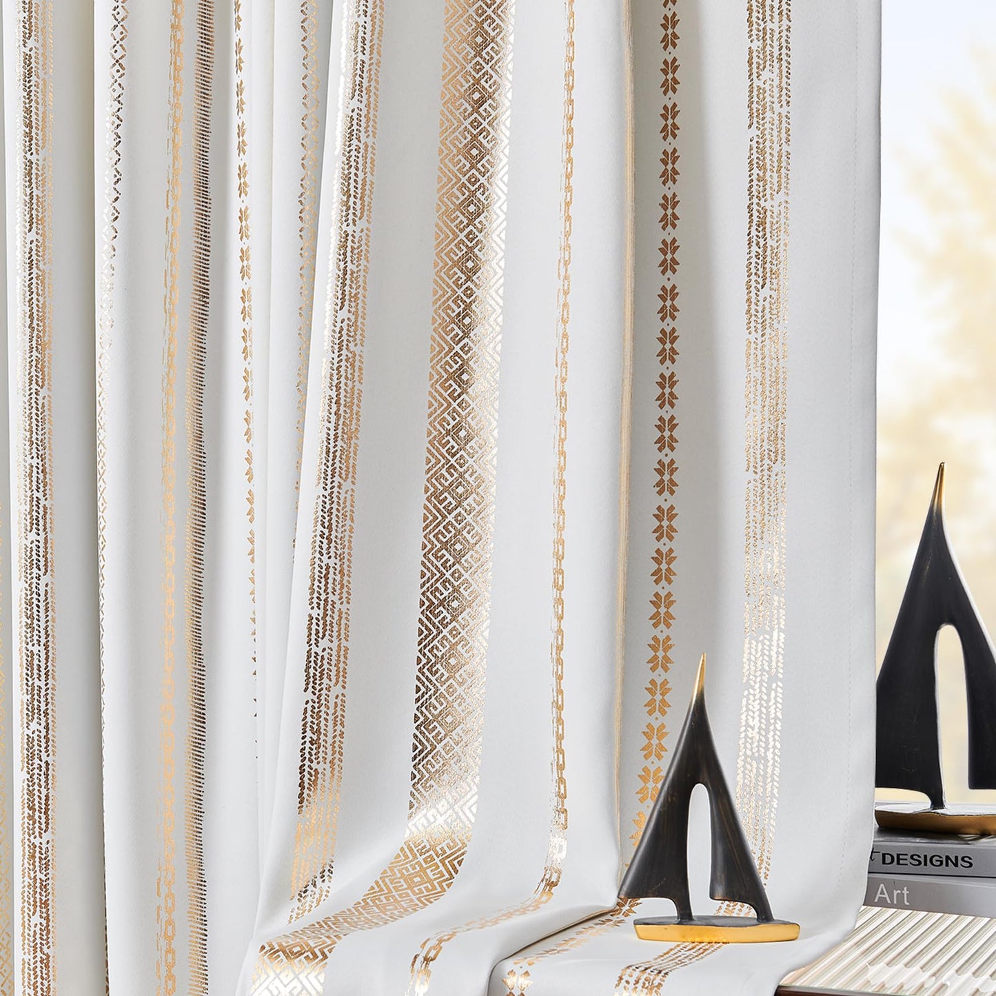 jinchan 100% Blackout Curtains 84 Inches Long for Bedroom, Boho Curtains Golden Geometric Foil Printed on Off White Back Tab Rod Pocket Holiday Room Darkening Drapes Farmhouse 2 Panels