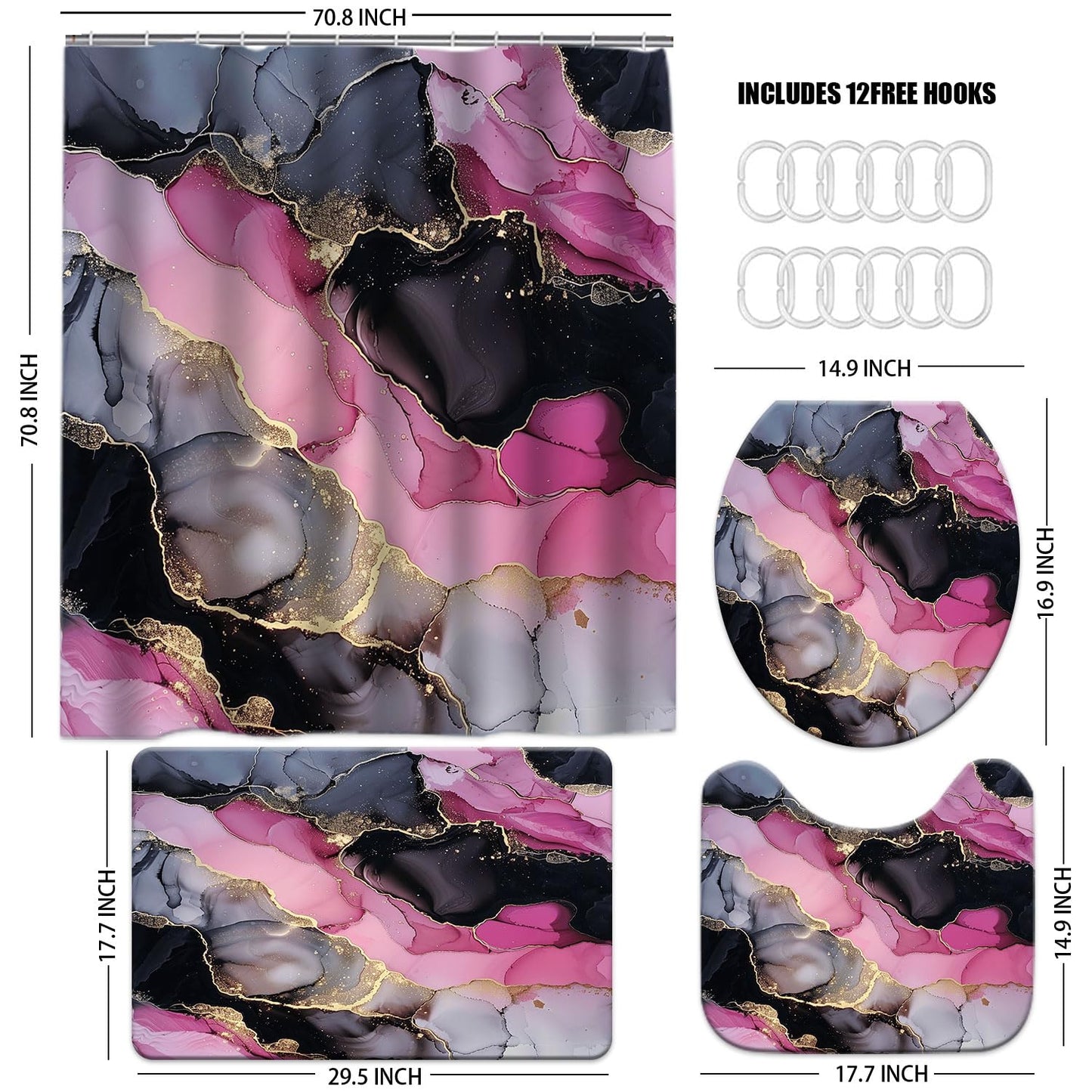 Pink and Black Shower Curtain Sets for Bathroom Decor Abstract Pink Gold Shower Curtain and Rugs 4 Pcs, Waterproof Modern Marble Texture Bath Mat Carpet Guest Toilet Restroom Bathroom Accessories