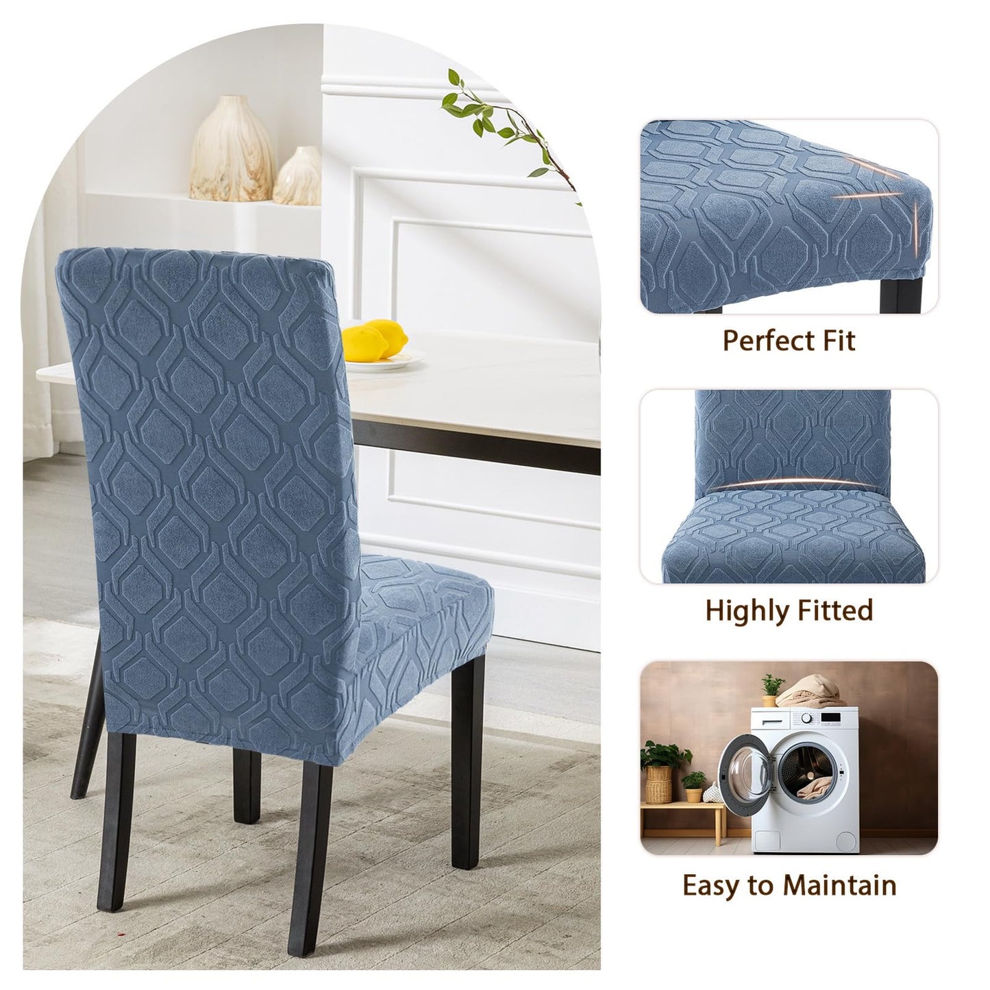 SearchI Dining Room Chair Covers Set of 4, Stretch Jacquard Parsons Chair Slipcovers Spandex Removable Washable Kitchen Chair Protector Cover for Dining Room, Hotel, Ceremony (Gray-Blue Geometric)