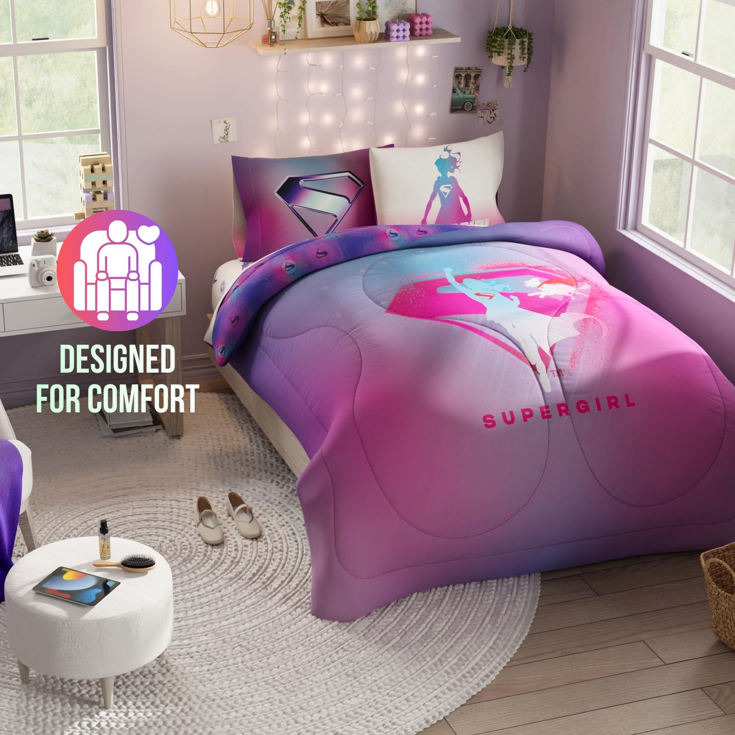 Supergirl Movie Bedding Set, Full Size, 5-Piece Super Soft Cozy Reversible Comforter & Sheet Set (Officially Licensed Product) by Franco
