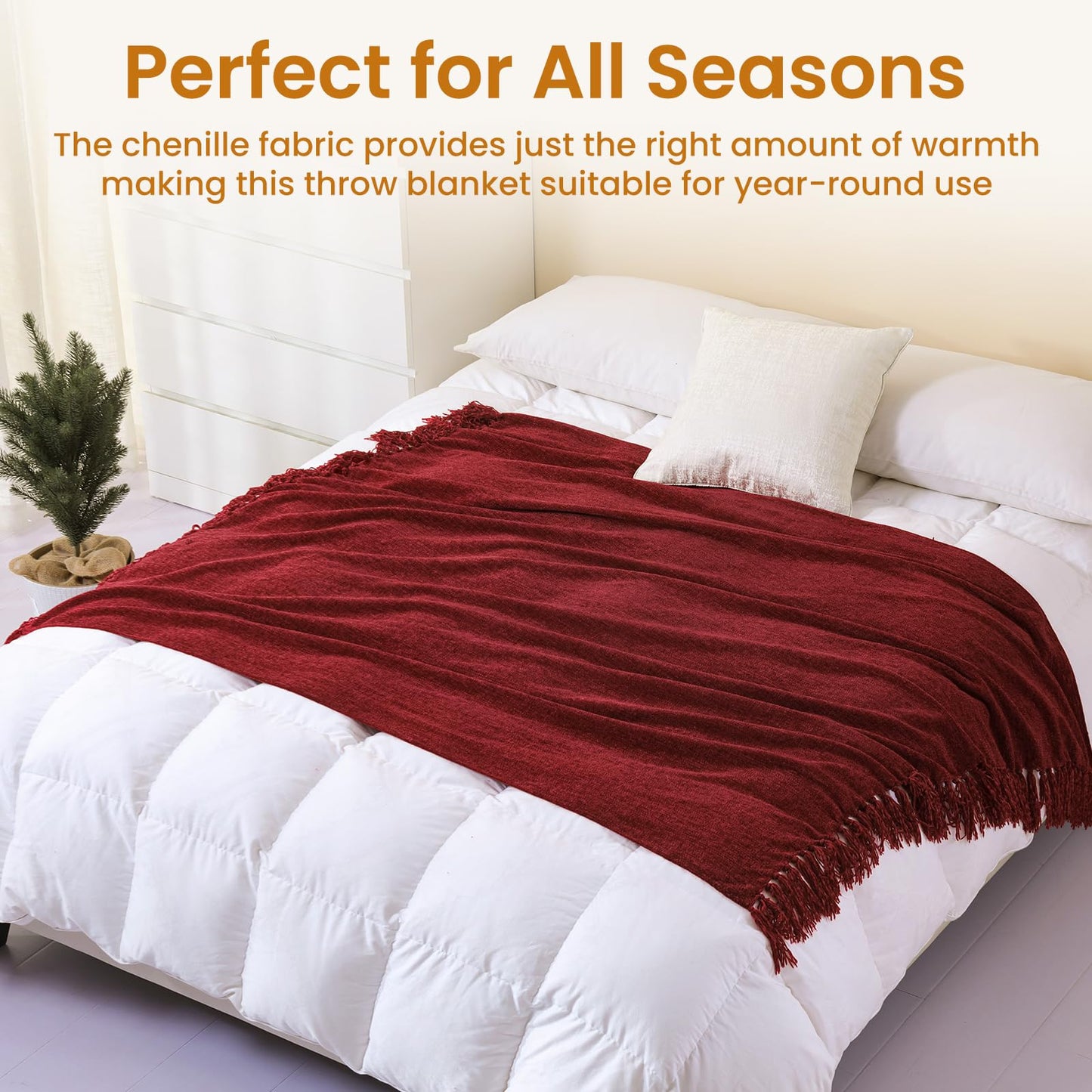 Yoenillo Burgundy Red Chenille Throw Blanket for Couch Bed，Soft Cozy Throw Blanket with Handmade Fringe, Decorative Blanket for Sofa Chair Living Room for Gift, (Burgundy Red)