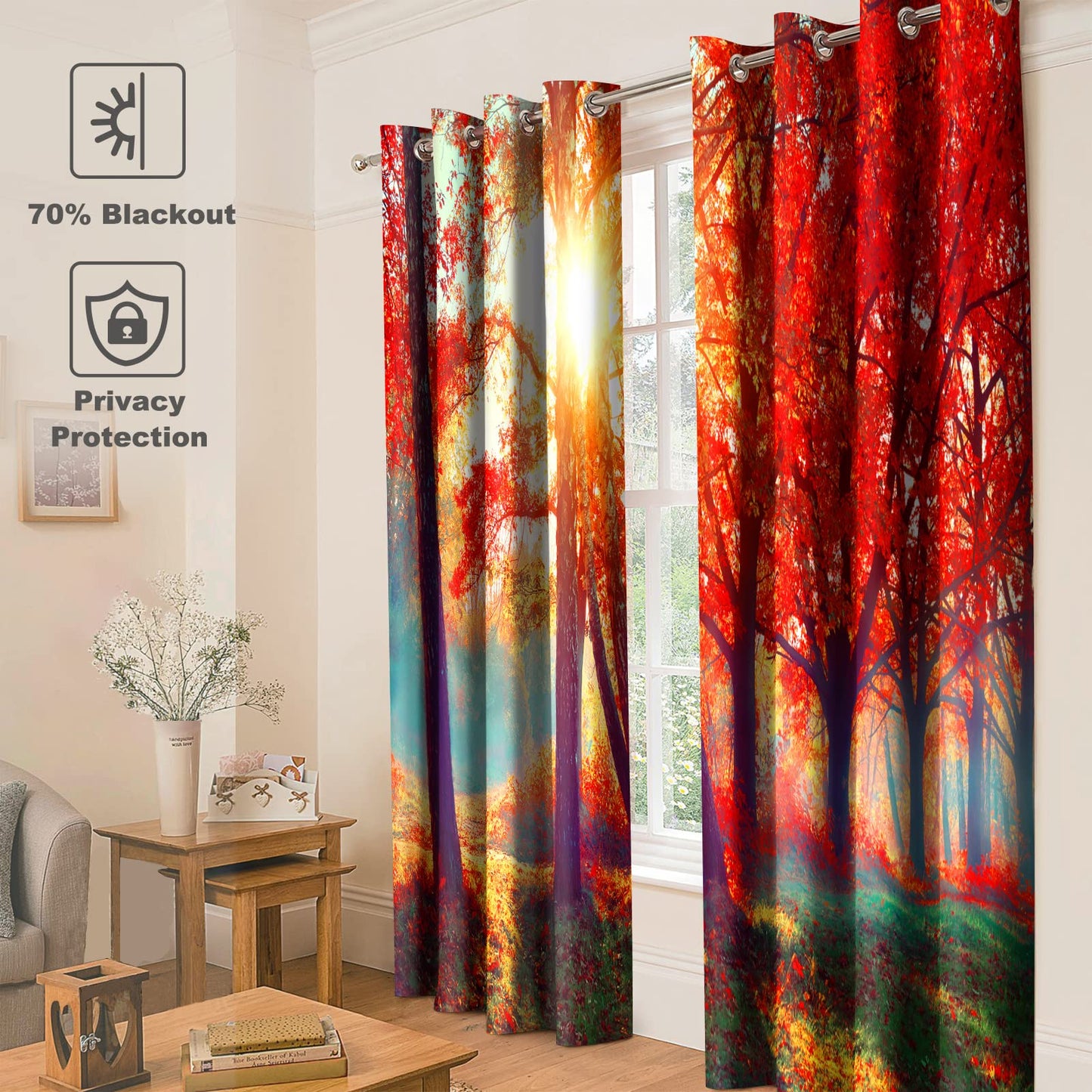 Jekeno Fall Tree Forest Blackout Curtains Jungle Autumn Tree Orange Leaves Sunlight Print Fall Nature Scenery Decor Home Bedroom Living Room Grommet Window Drapes 2 Panel Set, 52"x84"