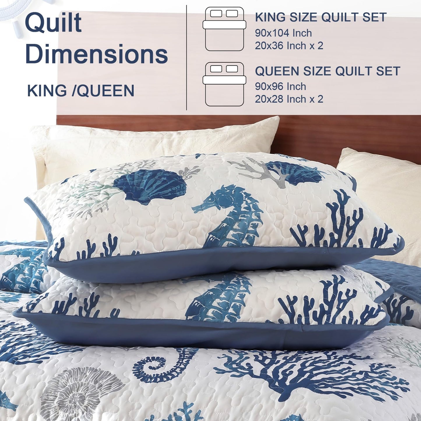 Djoymock Coastal King Size Quilt Set 3 Pcs, Summer Blue Beach Theme Quilts with Pillowcases Reversible Microfiber Ocean Bedding Set Nautical Bedspreads Coverlet Lightweight Comforter for All Season