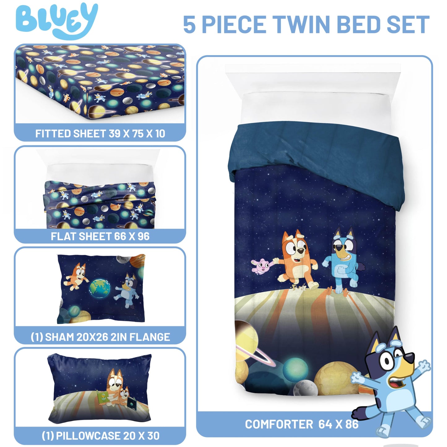 Jay Franco Kids Comforter Set Includes Sheets and Pillow Covers - Soft and Cozy Bed Set for Stylish Room Decor, Blue - Bluey & Bingo, 5 Piece Twin