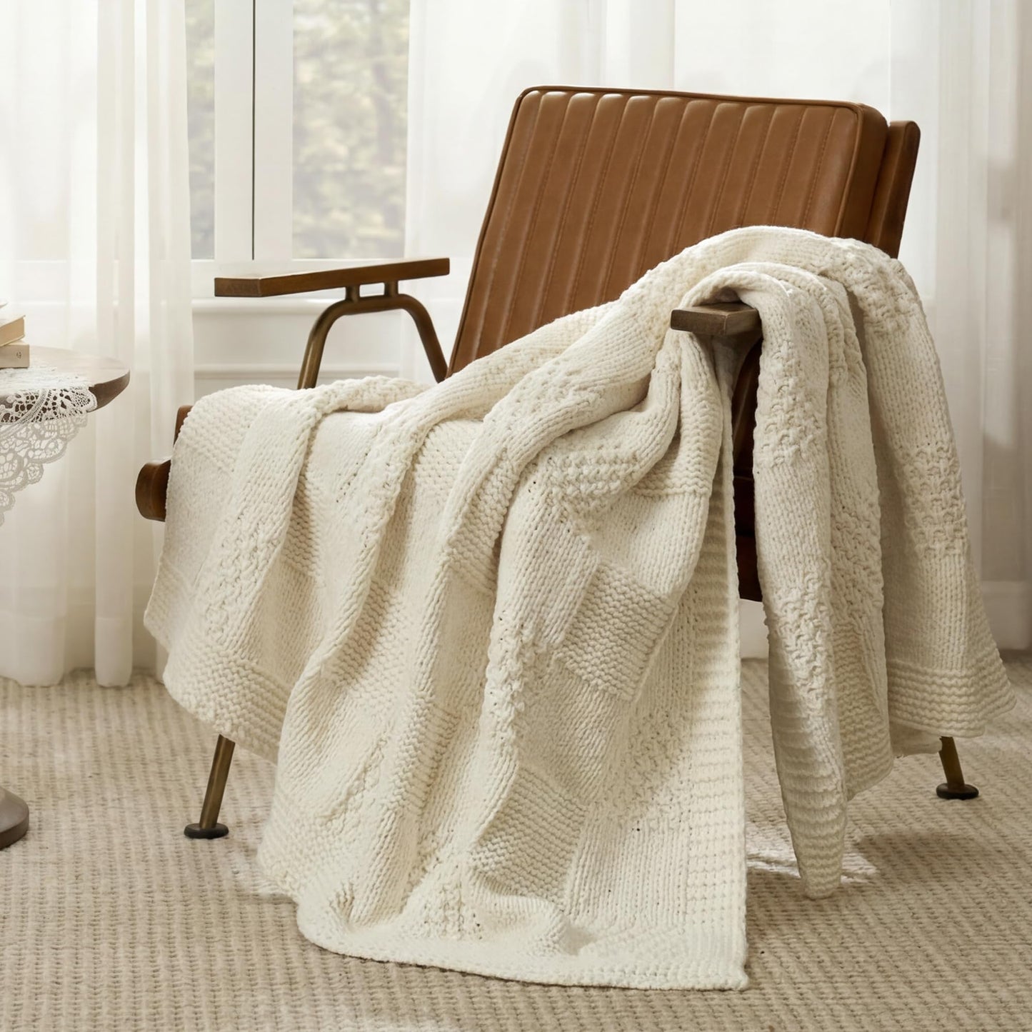 Amélie Home Knit Throw Blanket, Soft Chenille Cozy Breathable Checkered Chunky Decorative Blanket for Couch, Bed & Sofa, French-Inspired Lightweight Warm Gift for Women, Ivory, 50"x60"