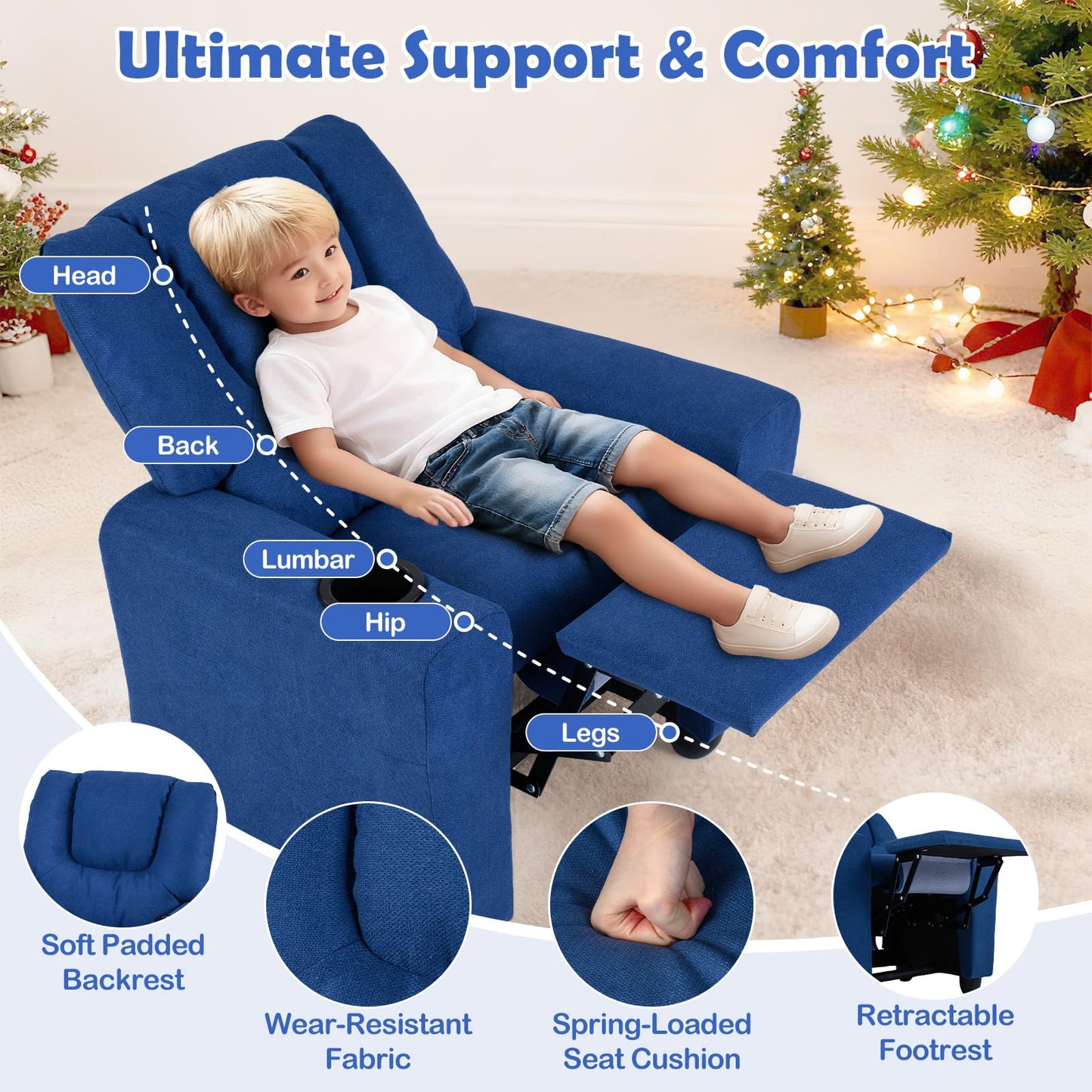 CHEFJOY Kids Recliner, Toddler Lounge Chair w/Cup Holder, Wide Armrest, Kids Sofa w/Adjustable Footrest, Comfy Toddler Recliner Chair for for Boys & Girls 3 + (Fabric, Blue)