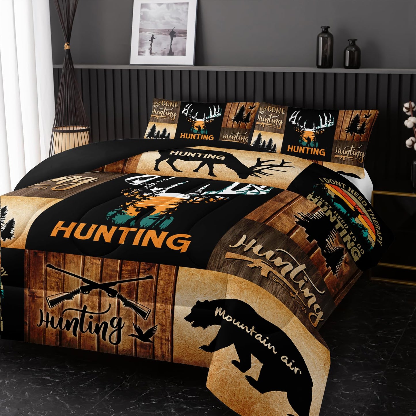Nttopship Deer Moose Hunting Comforter Set Twin,Bear Hunting Bedding Set 3 Piece for Girls Women Teens Adult Kids Boys,Rustic Bear Comforter Set 3pcs Wildlife Hunting Room Decor with 2 Pillowcases
