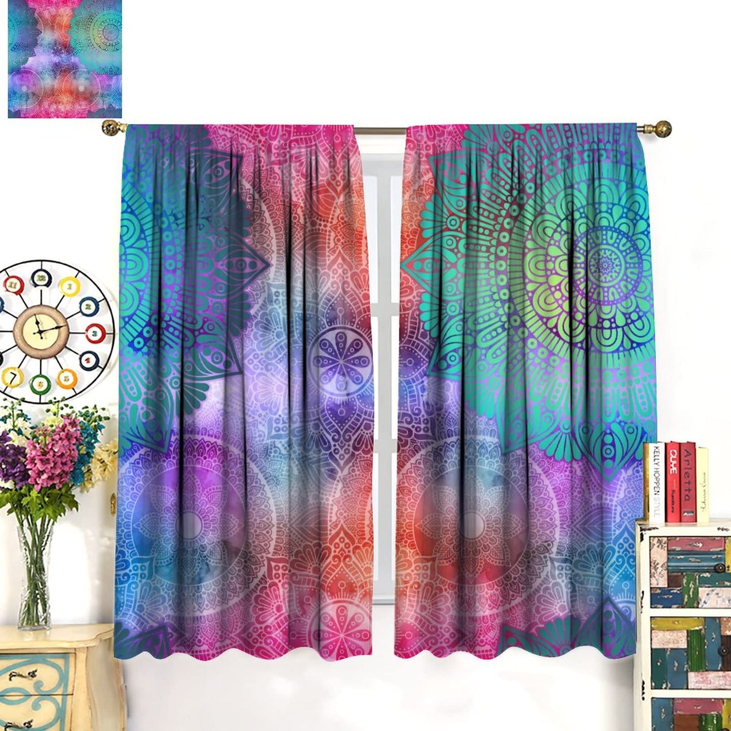 Mandala Indian Bohemian Curtain,Abstract Boho Floral Window Treatments Curtains for Living Room Bedroom Kitchen Bathroom Decor W42xL45in