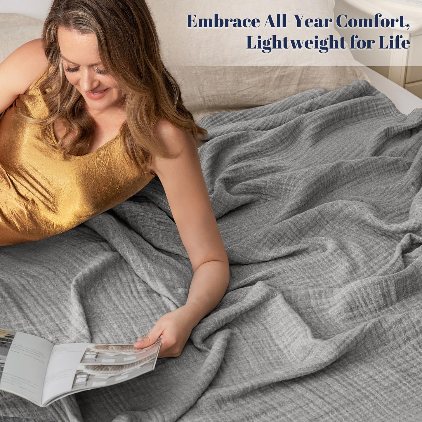 PHF 100% Cotton Muslin Throw Blanket 50" x 60", 4-Layer Lightweight Gauze Throw, Breathable Cloud-Soft Minimalist Blanket for Bed, Couch, Camping & Baby, Grey, Ideal Gift