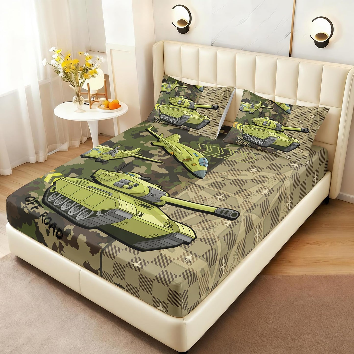 AILONEN Military Tank Camo Fitted Sheet Twin XL Size - 3 Piece Camouflage Army Green Bedding Deep Pocket & 2 Pillowcases - Boys Kids Sheets Room Decor