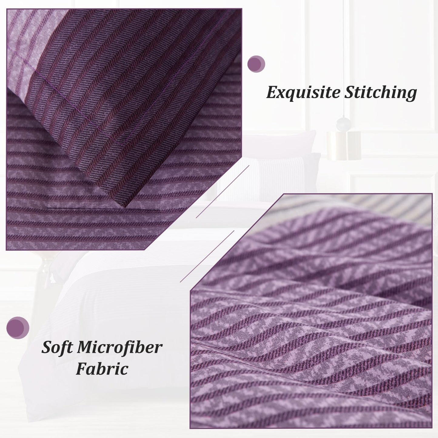 WONGS BEDDING Purple Comforter Set Queen, Reversible Purple Striped Patchwork Alternative Comforte Set for Queen Bed,3 Pieces(1 Comforter+2 Pillowcases), Soft Microfiber Bedding Set 90”×90”