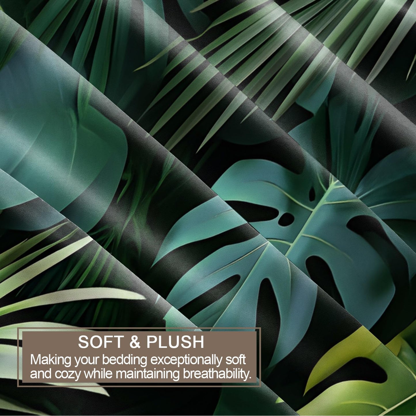 GKPLY Tropical Palm Leaves Comforters Queen Size, Jungle Monstera Bedding Duvet Cover, Exotic Greenery Artwork Duvet Cover with 2 Pillowcases, 3 Pieces, Reversible Dark Botanical Bedding with Zipper