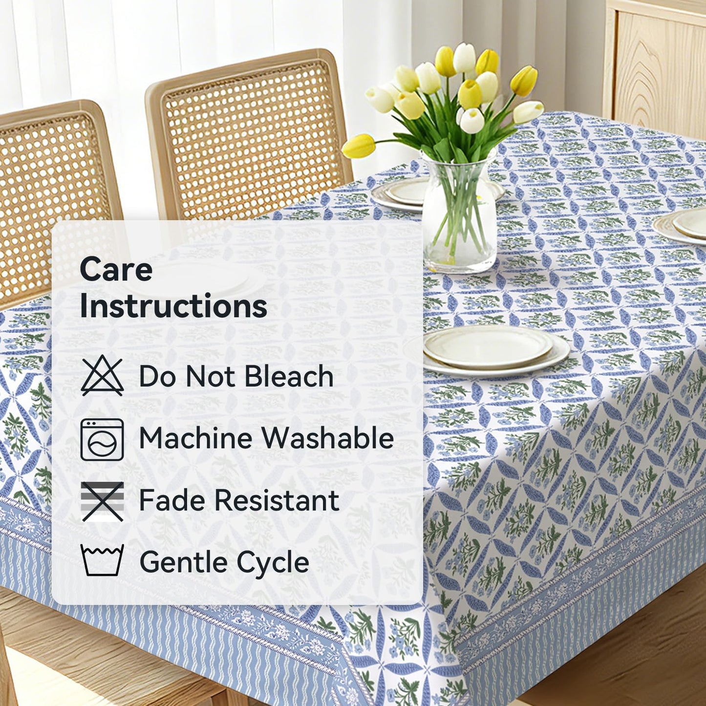 hometrixx Hand Block Print Rectangle Table Cloth Floral Farmhouse Washable Polyester Oil-Proof Tablecloth Stain Wrinkle Resistant Table Cover for Party Kitchen Decor Outdoor Picnic, 60x84 Blue
