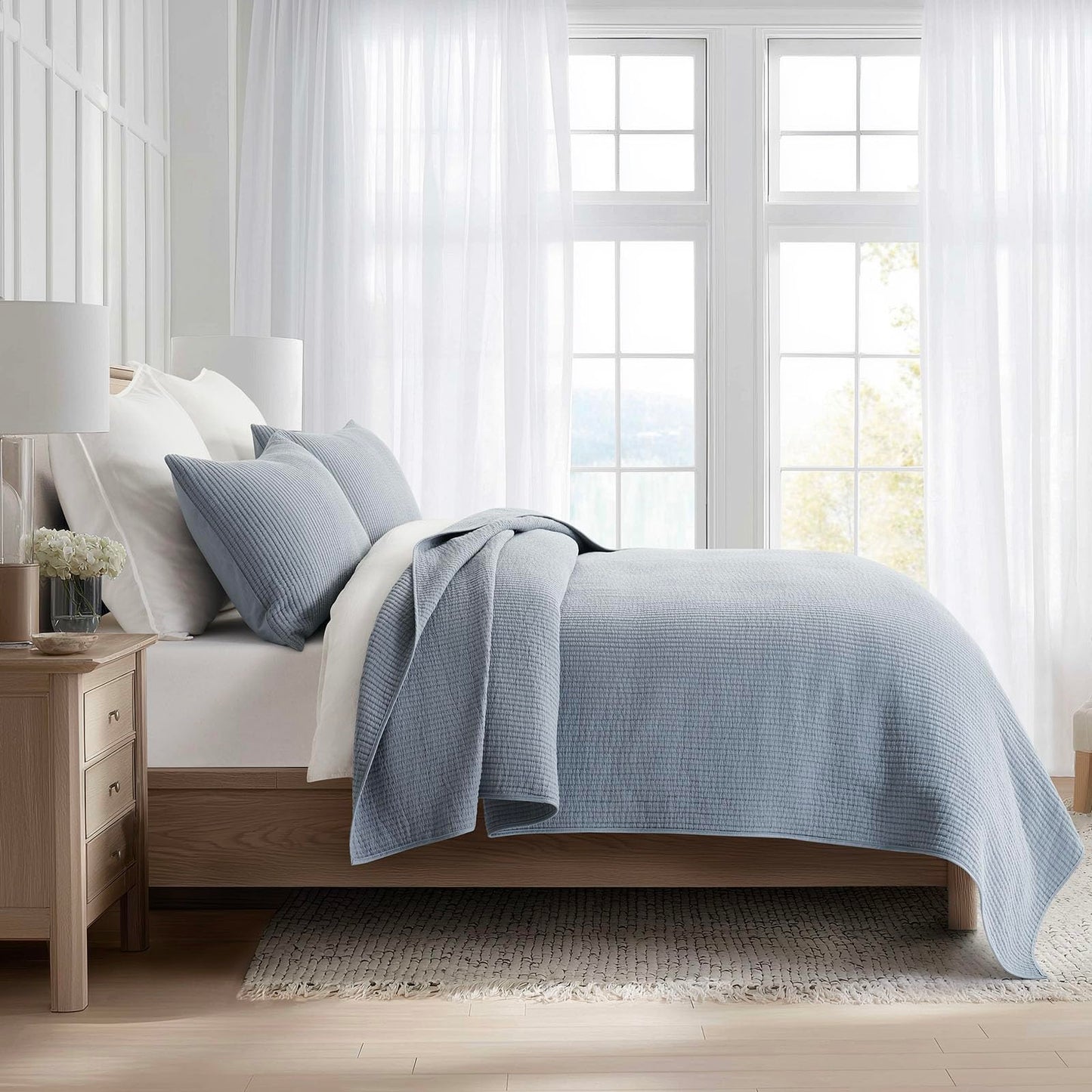 EVERGRACEHOME Cotton Coverlet Set Full Queen Size 3 Pieces, Lightweight Soft Ribbed Matelassé Bedspread Quilt Set, Cozy Oversized Quilted Bedding Set with 2 Pillow Shams for All Seasons, Blue Linen