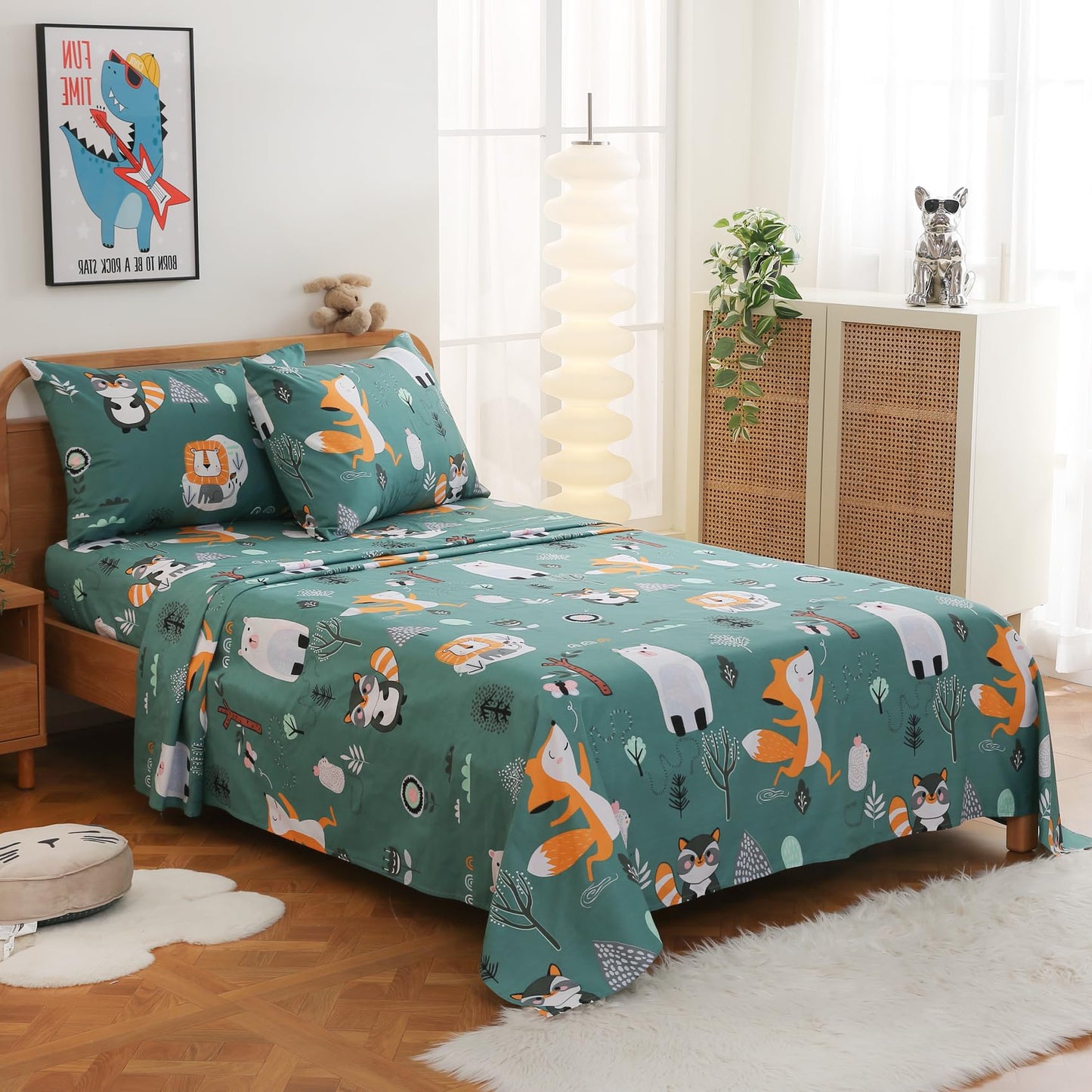 JSD Green Forest Animals Kids Sheet Set Twin Size, 3 Piece Woodland Printed Microfiber Bed Sheets Deep Pocket
