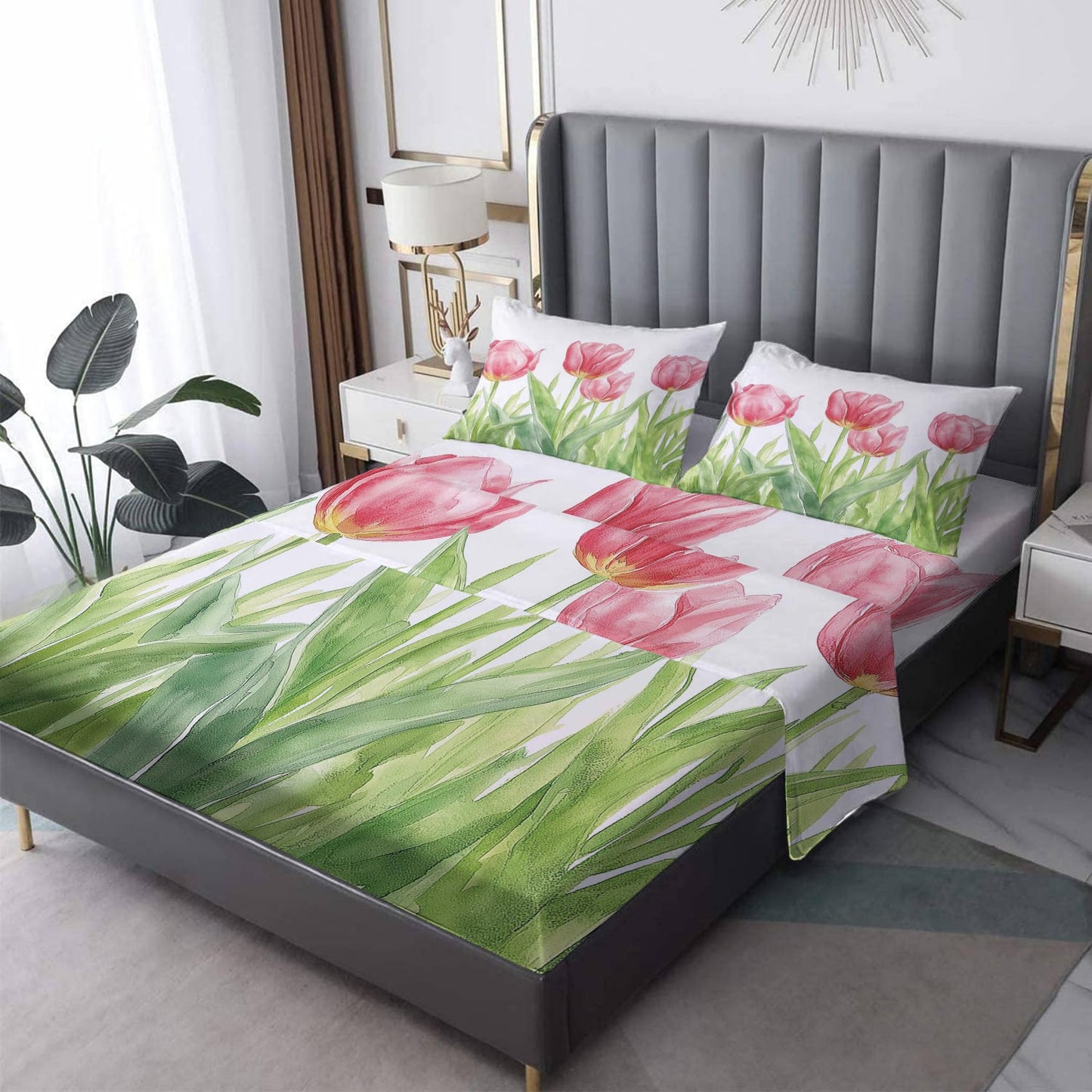 NOGAWA Tulip Sheets Queen Size, Pink Floral Green Leaves Bed Sheets, Patterned Bedding Sheets & Pillowcases 4 Piece Set - Soft Microfiber Deep Pocket Fitted Sheet & Flat Sheet & 2 Pillow Cases