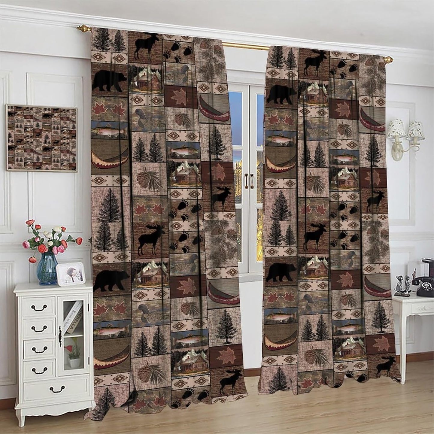 SHElifestyle Rustic Moose Deer Curtains, Retro Rustic Cabin Cottage Elk Pine Lodge Country Style Farmhouse Blackout Windows Door Curtain for Bedroom Living Room 42x45in