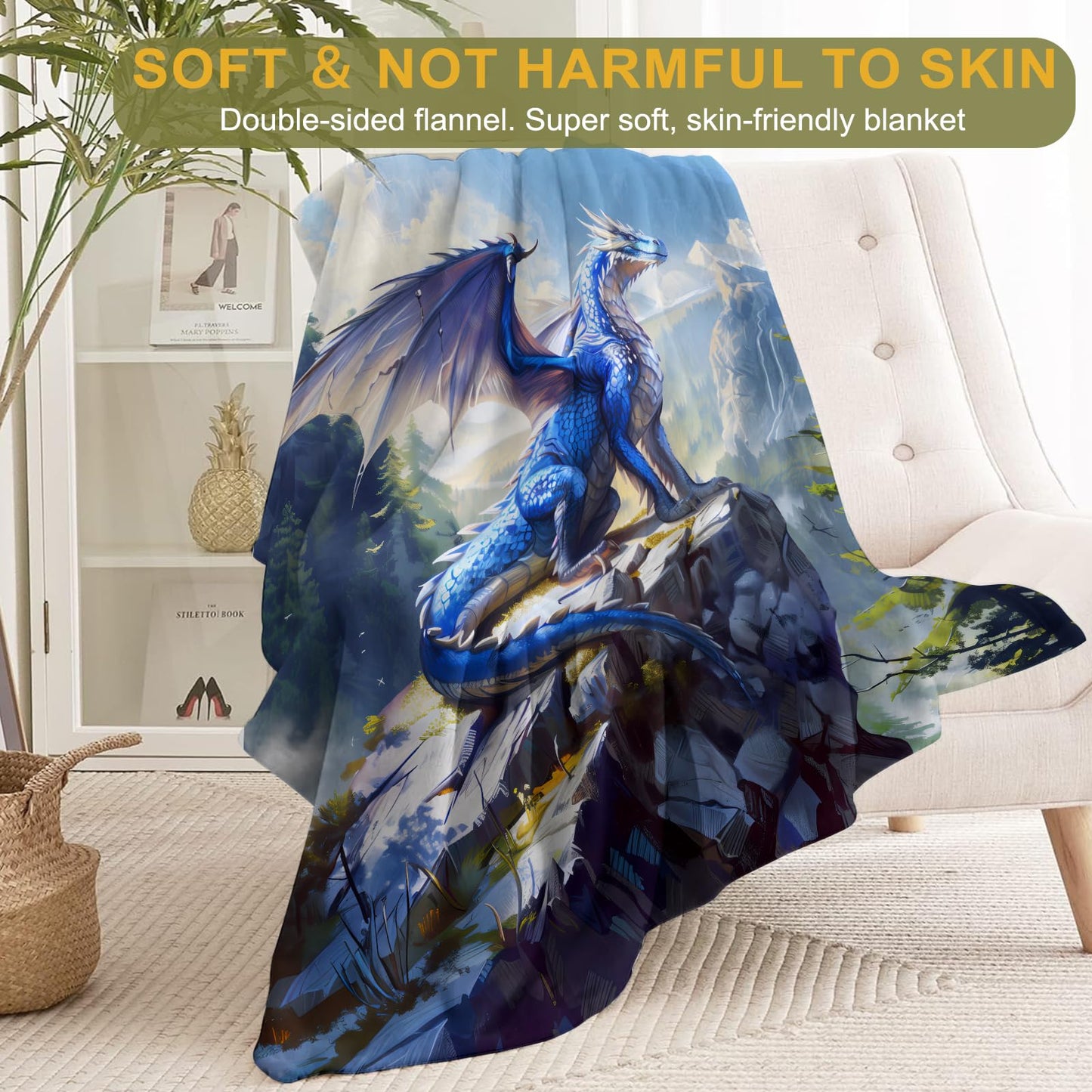 ainori Blue Dragon Flannel Blanket - Majestic Overlooking Mountain Throw,Playful Gifts for Adult & Fantasy Lovers, Ultra Soft & Warm,Lightweight, for Couch Bedroom Living Room Modern Decor 50x60in
