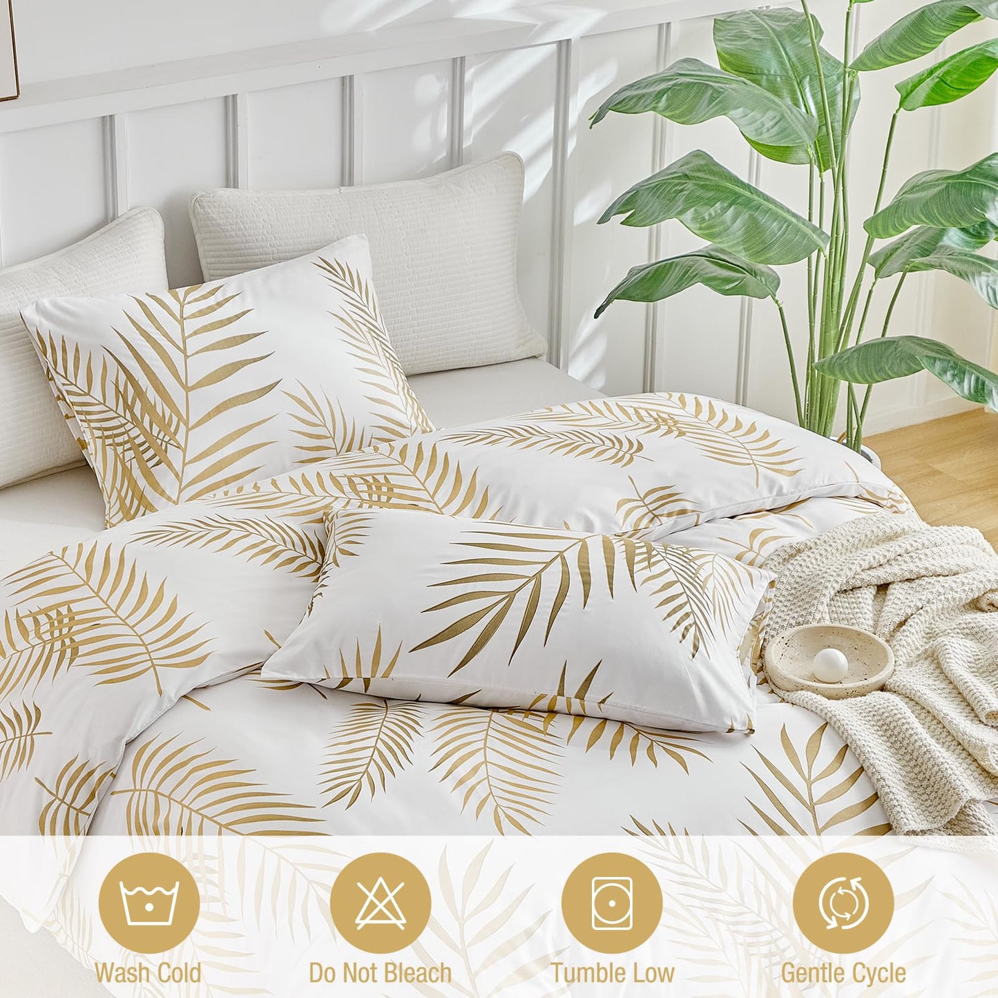 Lekesky King Duvet Cover Set, White and Gold Tropical Palm Leaf Pattern Comforter Cover King Size, 3 Pieces Soft Microfiber Bedding Sets with Zipper & 2 Pillowcases, Comforter Not Included