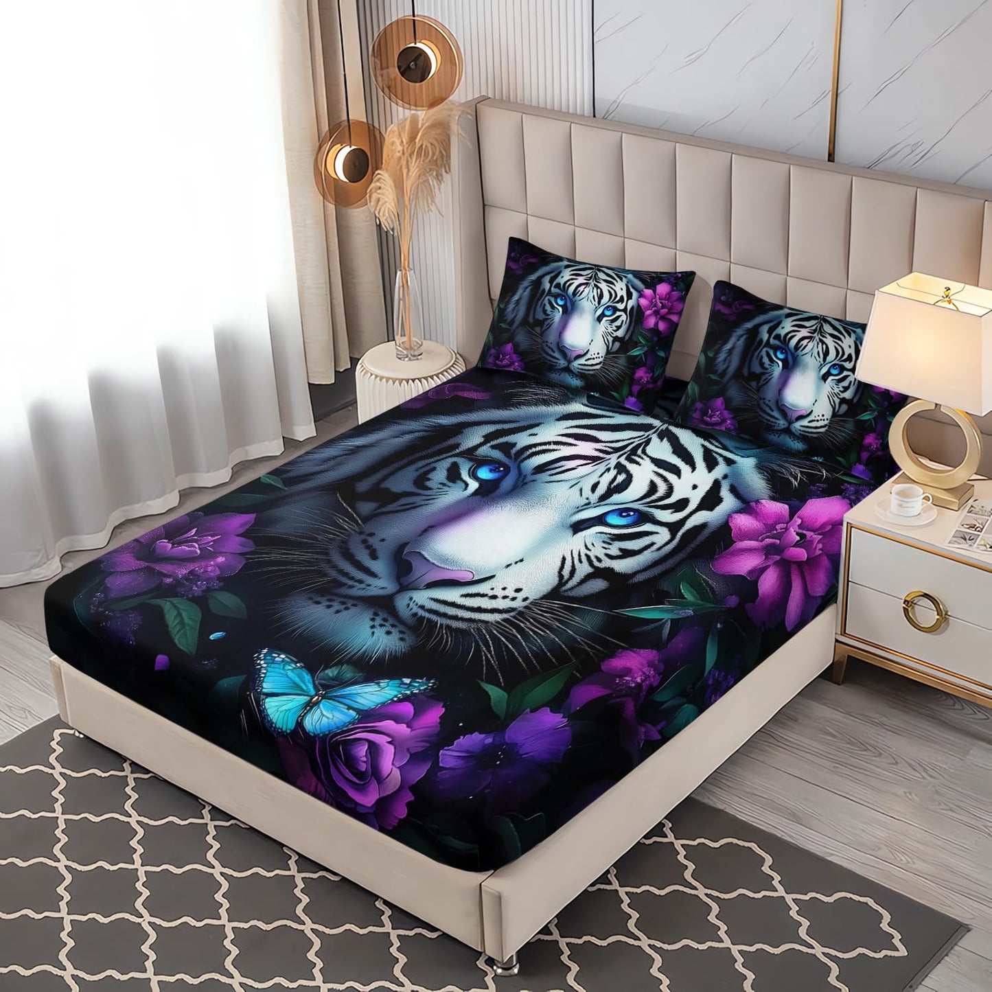 UEVBF Wild Animal Themed Fitted Sheet Set Twin Size,White Leopard Floral Print Bedding Sets for Kids Teens Room Decor,Gothic Bedding All Season,1 Fitted Sheet + 2 Pillowcases.