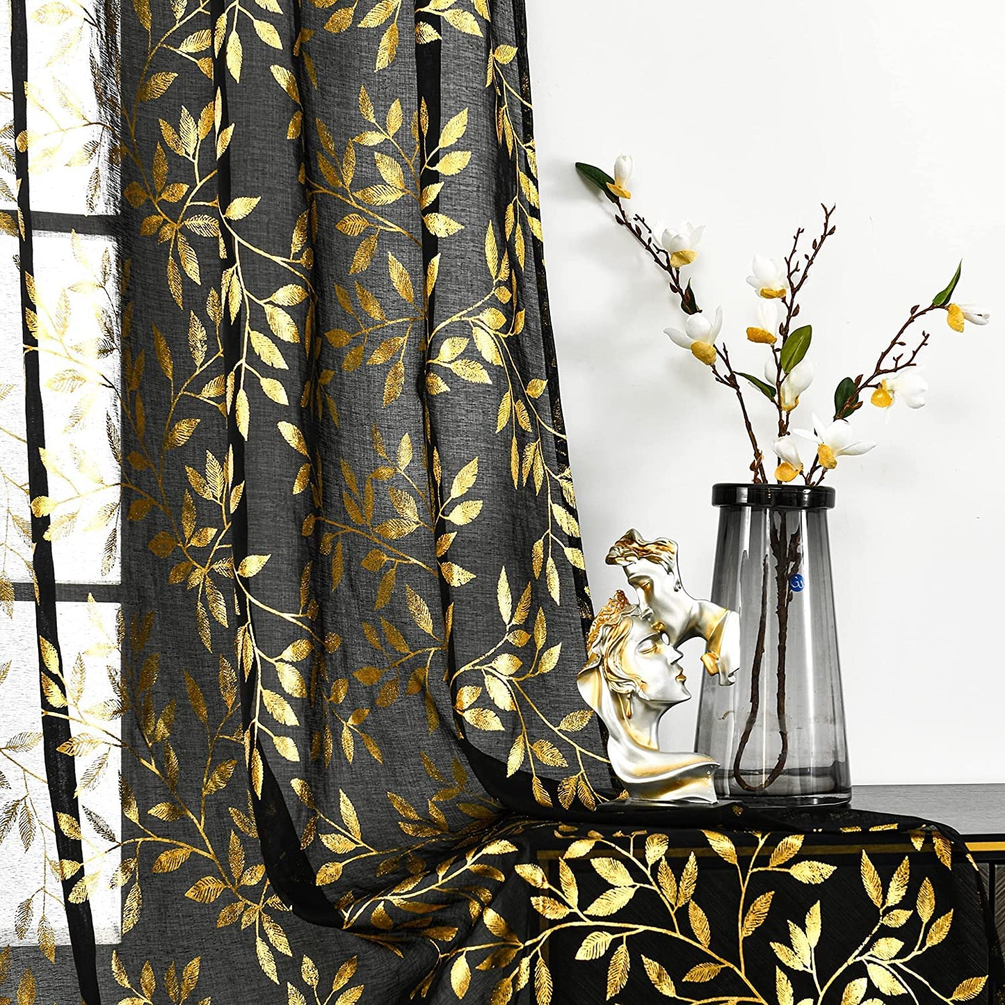 Deeprove Black Sheer Curtains 84 Inch Length 2 Panels Set, Gold Foil Metallic Branch Vine Leaves Print Window Treatments for Bedroom Halloween Decor, Bronzing Drapes Pair Rod Pocket 52" W x 84" L